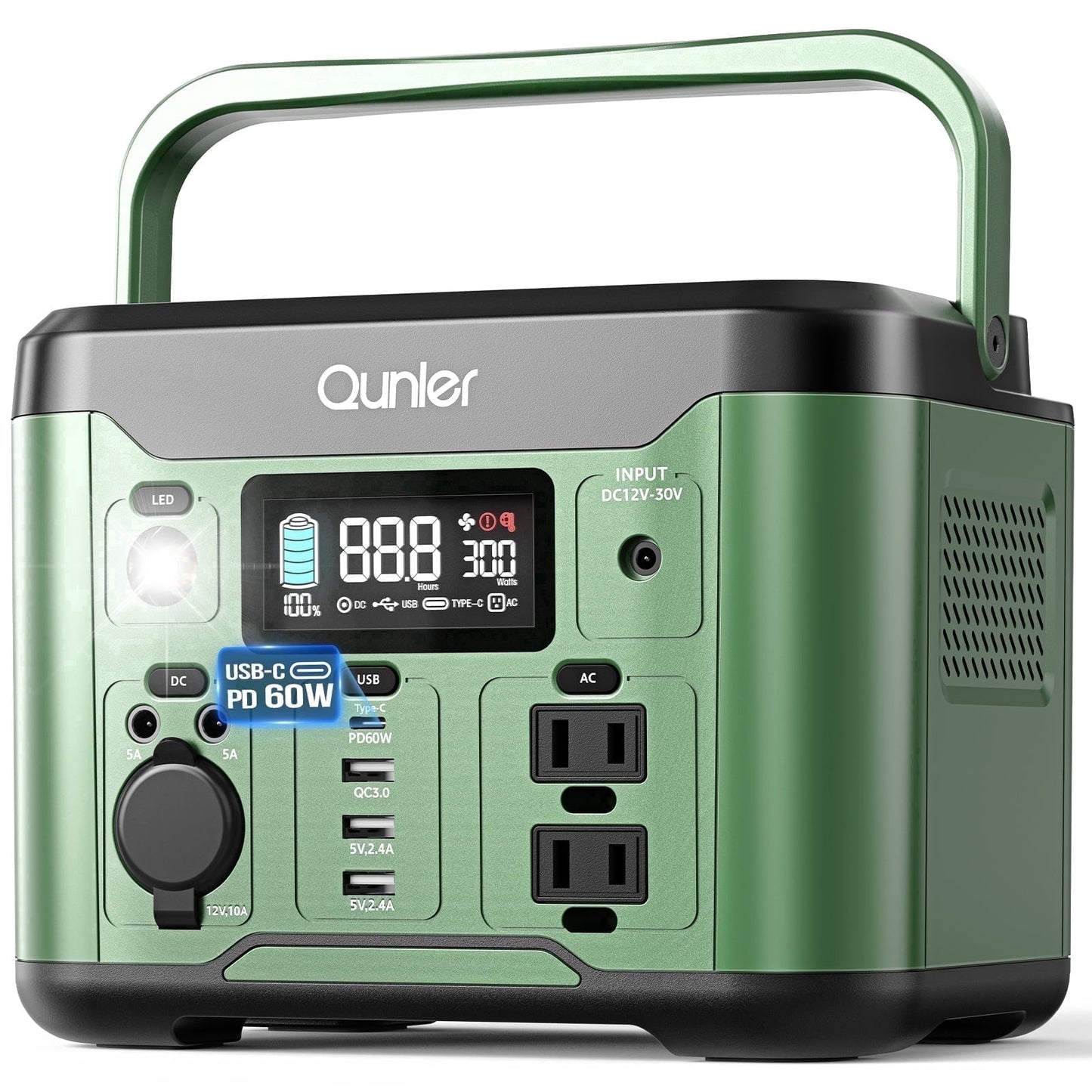 Qunler 300W 296Wh Portable Power Station, Pure Sine Wave 120V AC Outlet, 60W USB-C PD Backup Power Supply for Camping & Emergency,Green