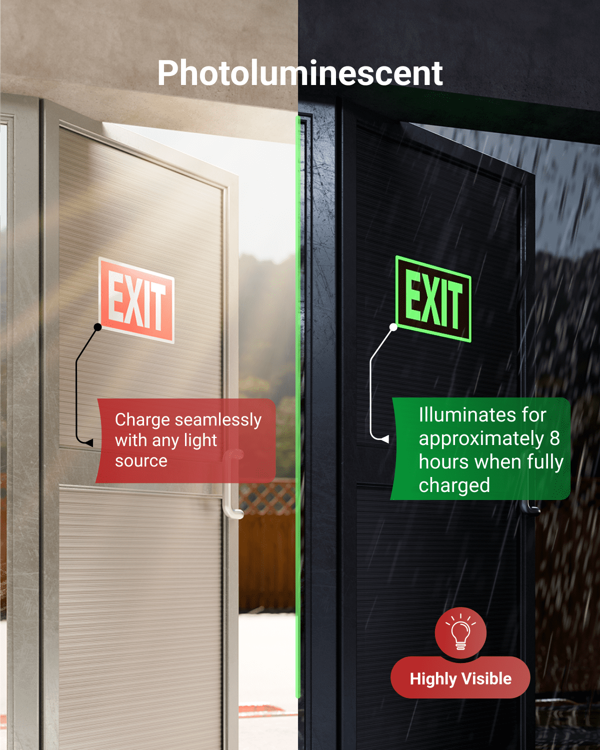 Sunco 6 Pack Photoluminescent Exit Signs, Glow In The Dark Emergency Sign, Non-Electrical, Adhesive Backing, Fade Resistant, Waterproof, Tear Resistant, Up to 50FT Visibility.