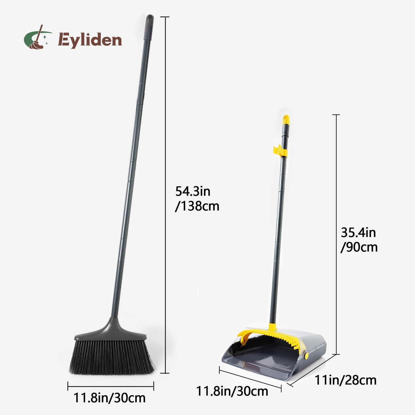 Eyliden Thicker Broom and Dustpan Set for Home with 54in Long Handle and Teeth Brush, Grey