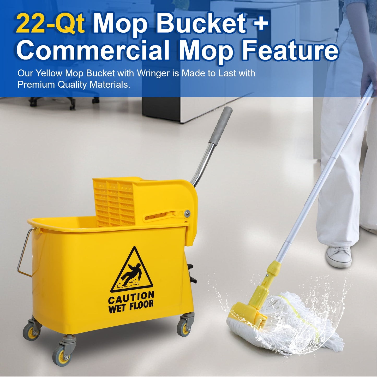 Midoneat Side Press Wringer Combo Commercial Floor Cleaning Rectangular Mop Bucket on Wheels, 22-Quart, Yellow,Add One Commercial Mop
