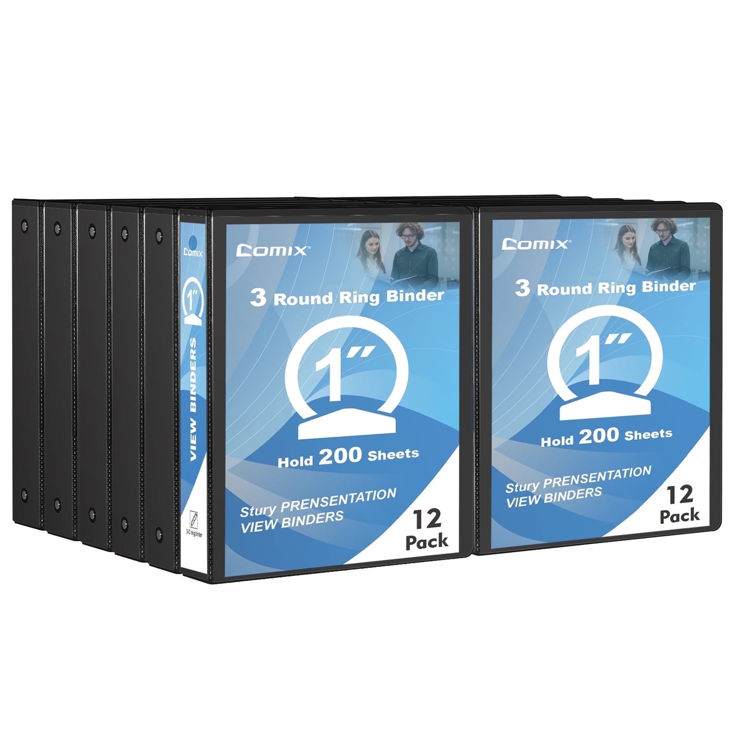 Comix Sturdy 1/2 inch 3 Ring Binder,0.5 inch Round Ring , 100 Sheets Capacity, 12 Pack Black 2mm-thick
