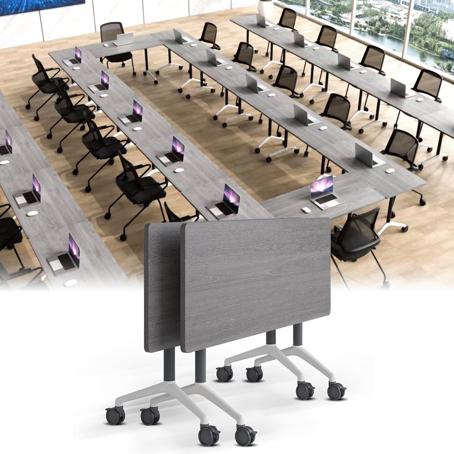 Folding Conference Table with Wheels, Modular Flip Top Meeting Desk, Commercial Training Table for Office Classroom(8,Black 2,61" D X 19.6" W X 29.5" H)