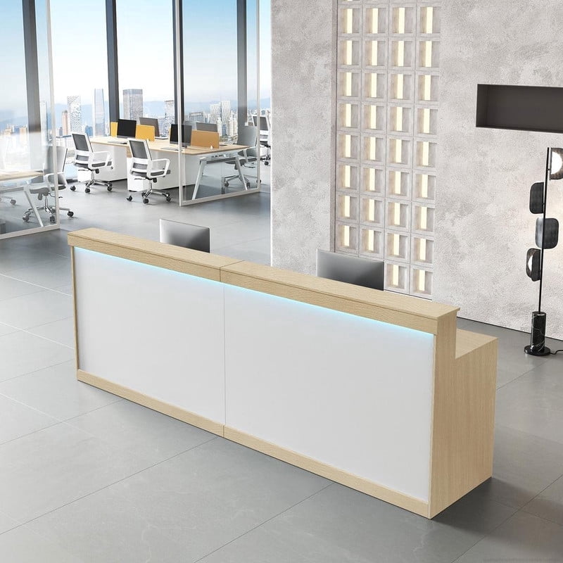Modern Ergonomic Reception Desk With LED Lighting(Black Grain & White; 71"L x 24"W x 39"H)