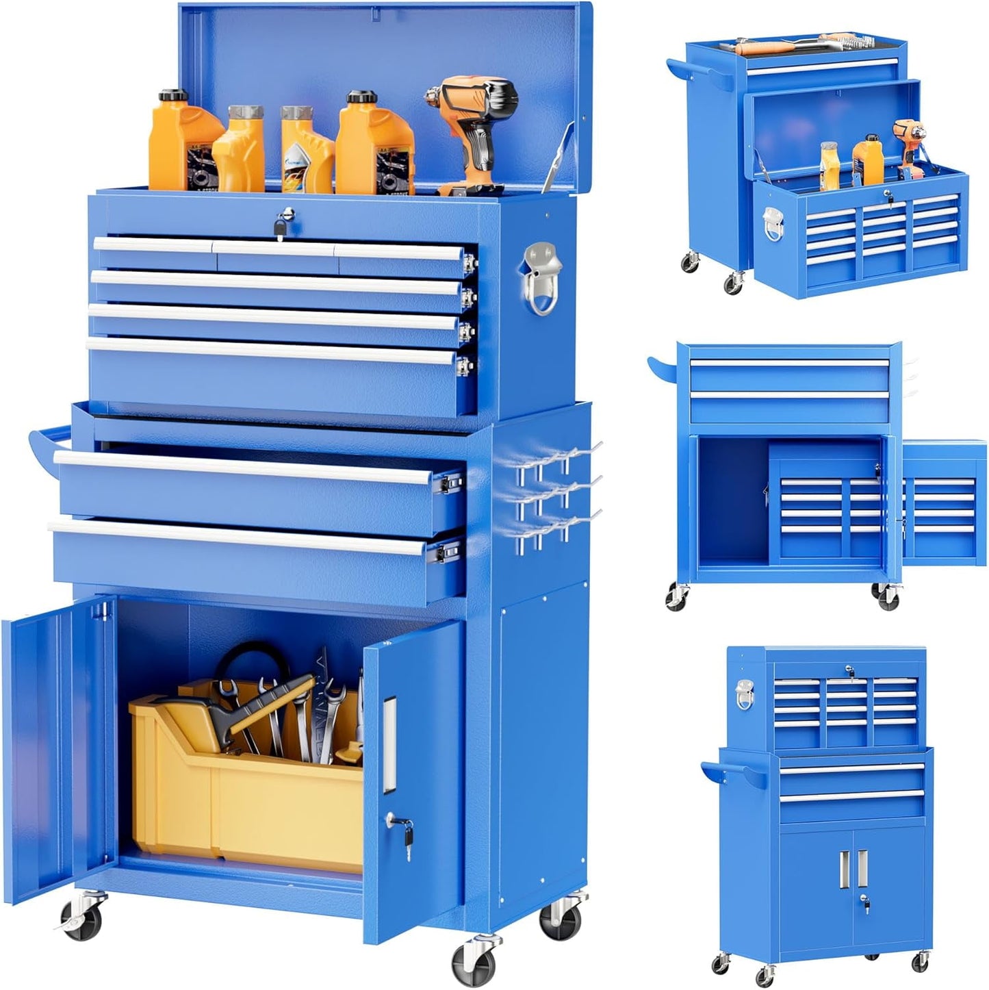 SOLAURA 8-Drawer Rolling Tool Chest with Detachable Top Box, Metal Tool Box with Wheels, Lockable Storage Cabinet for Warehouse, Garage, Workshop, Barbershop, Purple