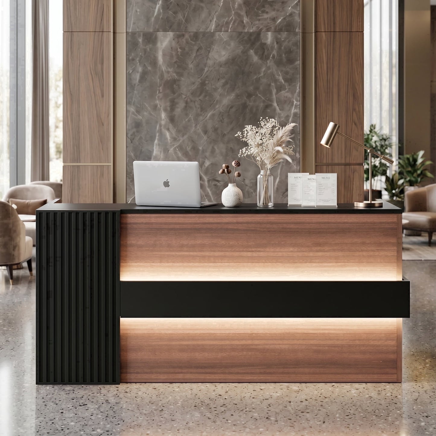 STICCIO L-Shaped Reception Desk with RGB LED Lights, 3 AC Outlets, USB-C and Combination Lock Drawer, 78 x 63 inch Front Desk for Office Lobby Salon