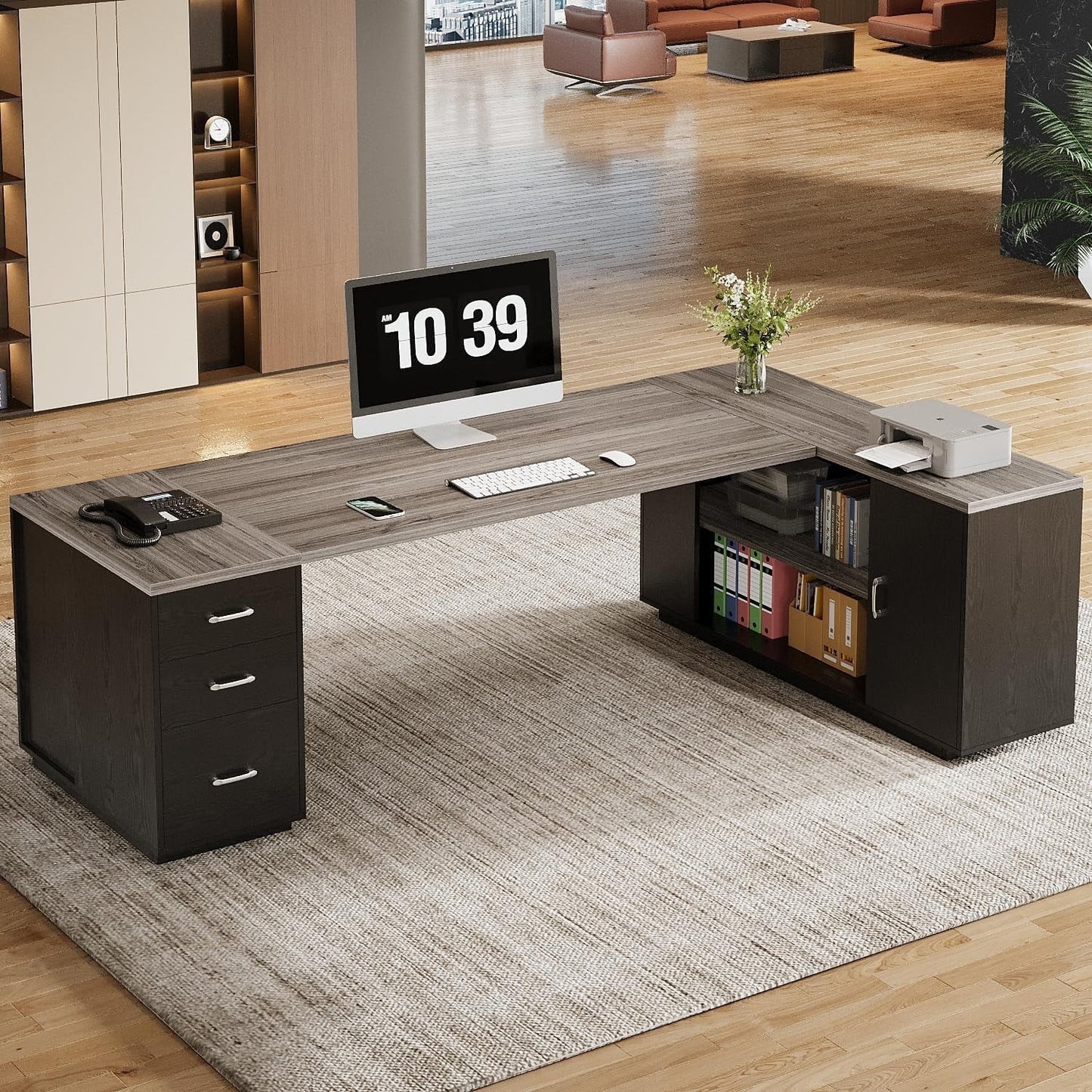 Tribesigns 85.8" L-Shaped Executive Desk, Extra Large Office Desk with File Drawers, Modern Business Furniture with Door Cabinet, Shelves for Home Office, Brown & Black