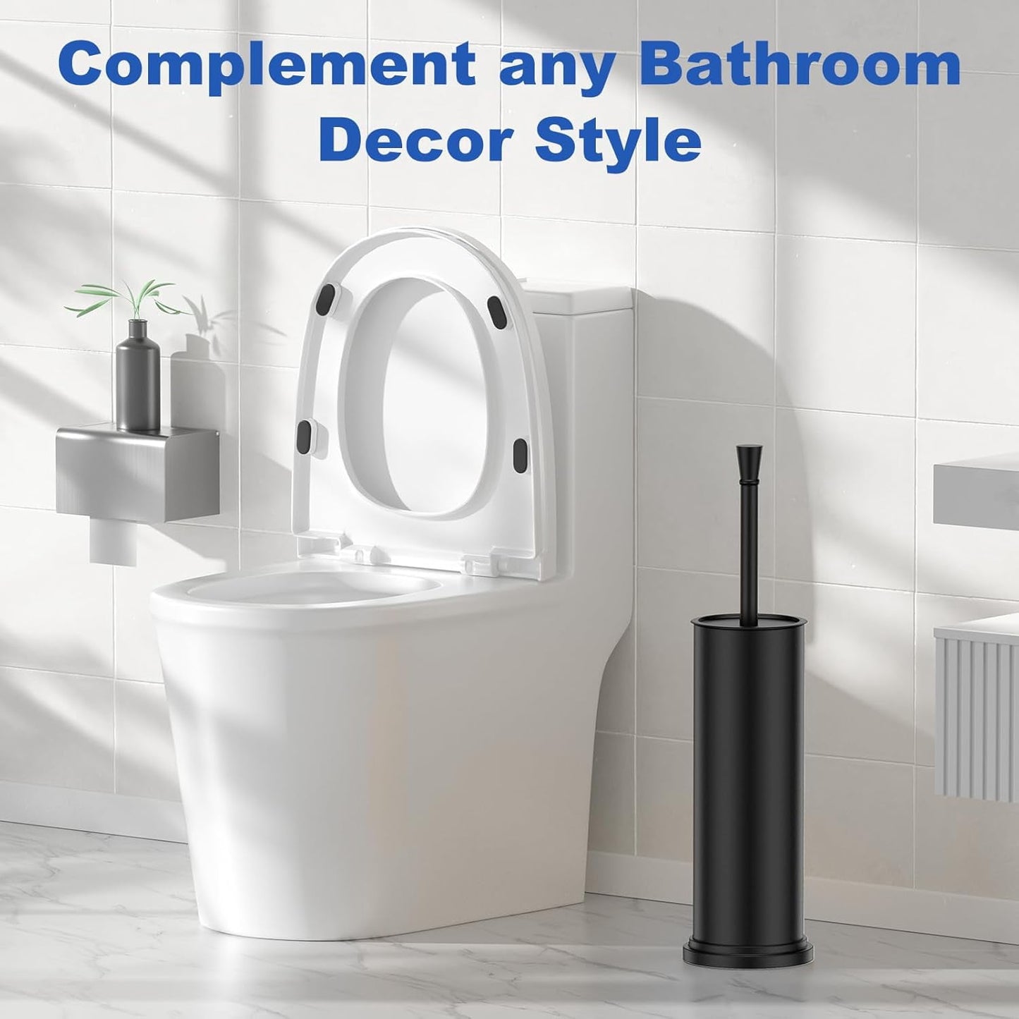 Black Toilet Brush and Holder,Extra Long Handled Black Toilet Brush for Bathroom,Stainless Steel Heavy Duty Toilet Bowl Brush,Deep Cleaning Modern Toilet Cleaner Brush -Space Saving