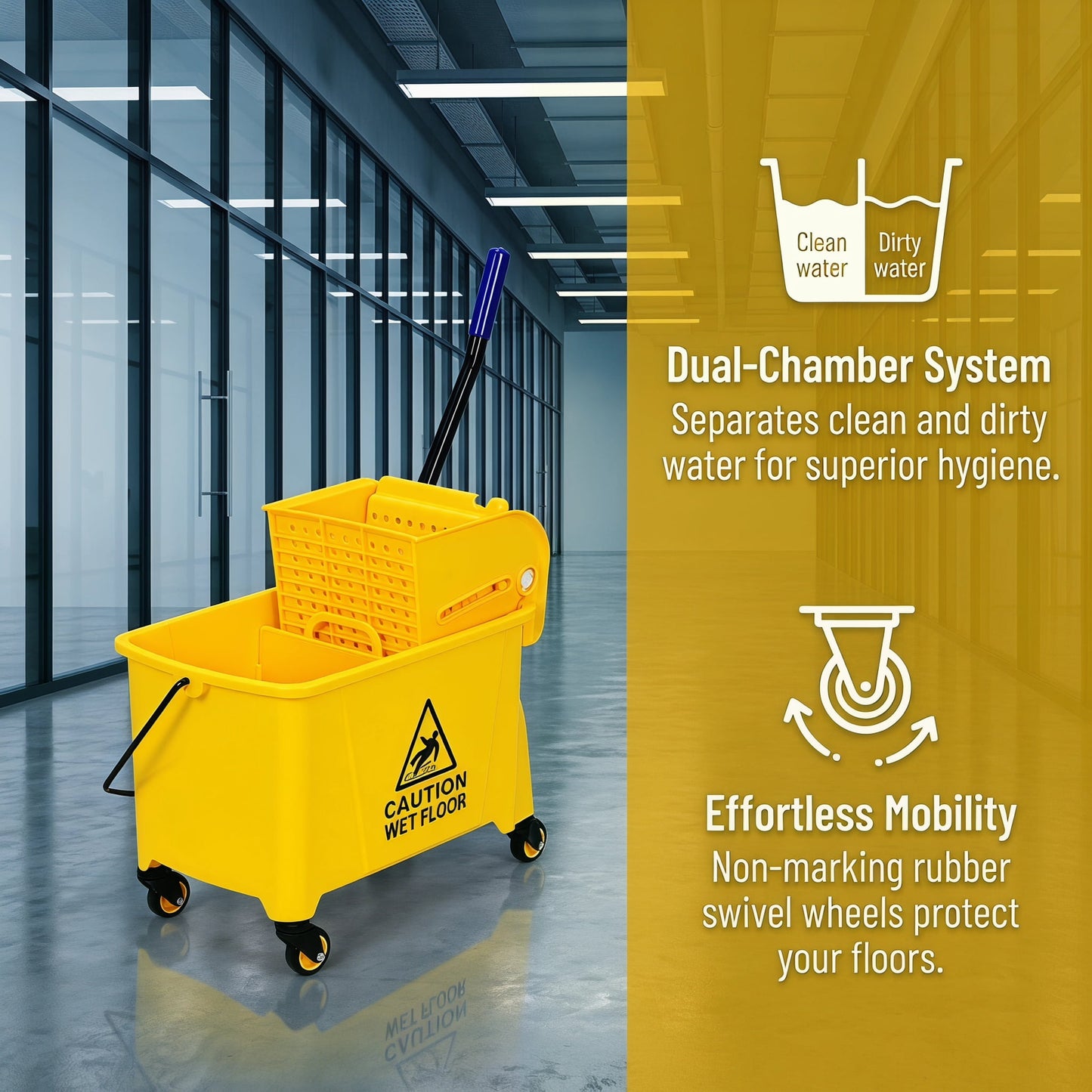 Resenkose 21 Quart Mop Bucket Side Press Wringer on Wheels With Panel, Side Press Wringer Combo Commercial Cleaning Caddy Plastic
