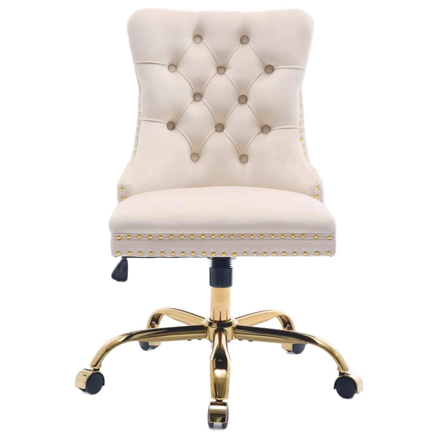 PAPROOS Vanity Chair, Swivel Home Office Chair, Ergonomic Home Desk Chair with Golden Metal Base, Adjustable Height, Velvet Upholstered Tufted Button Task Chair, Beige
