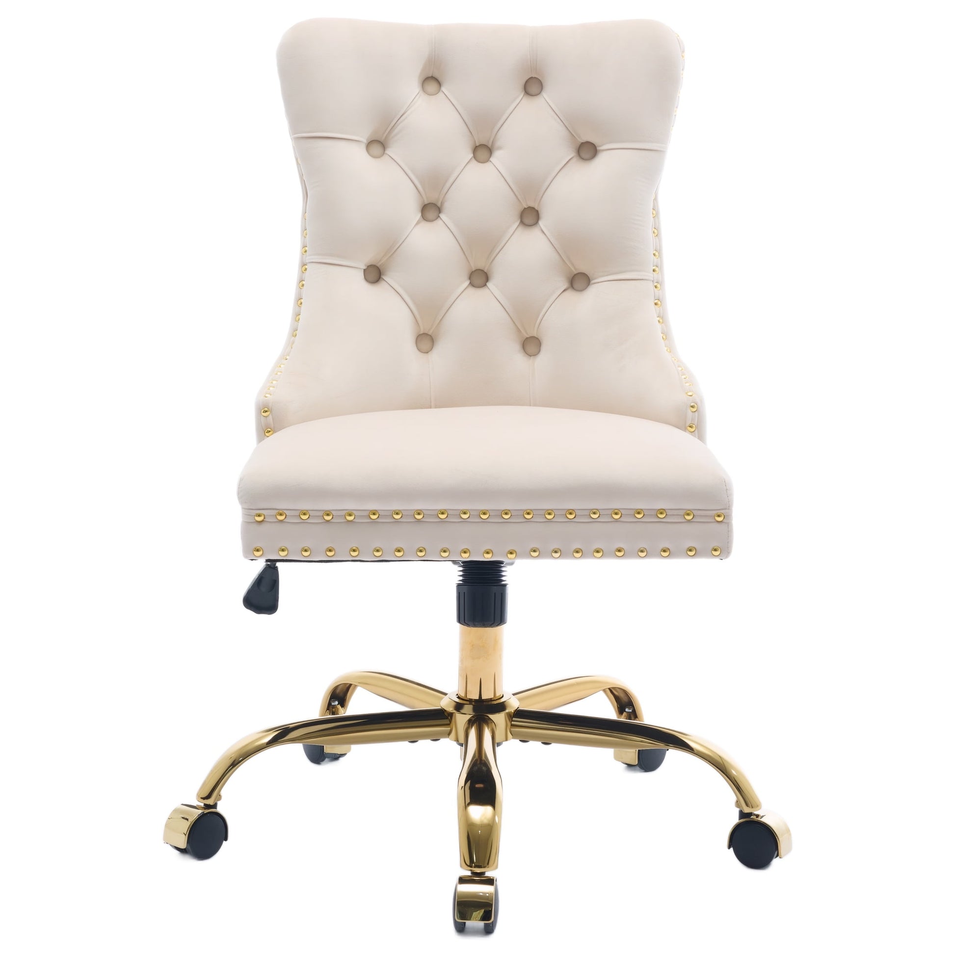PAPROOS Vanity Chair, Swivel Home Office Chair, Ergonomic Home Desk Chair with Golden Metal Base, Adjustable Height, Velvet Upholstered Tufted Button Task Chair, Beige