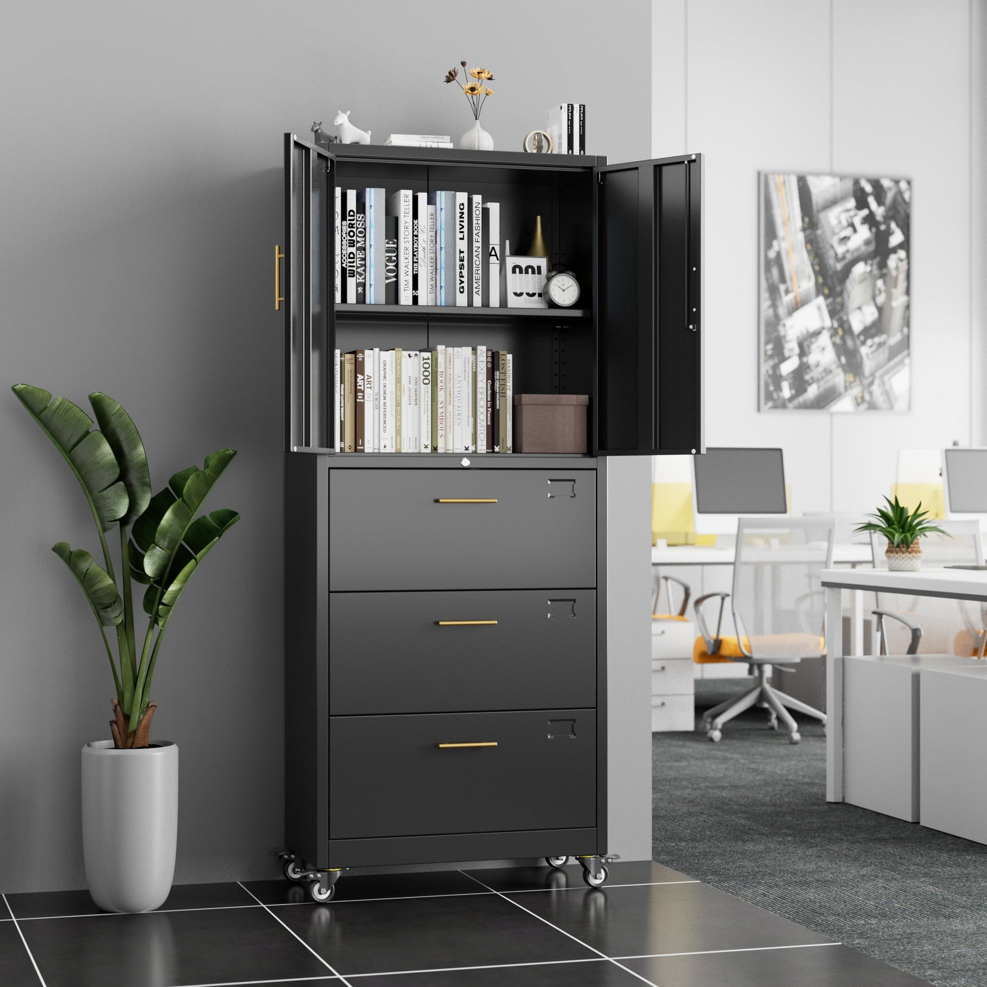 Aobabo 3 Drawer Metal Lateral File Cabinet with Wheels & Shelf , Wide Filing Cabinet with Lock for Office,Home,School,Garage,Fit A4/Letter/Legal File,Required-Assembly,Black