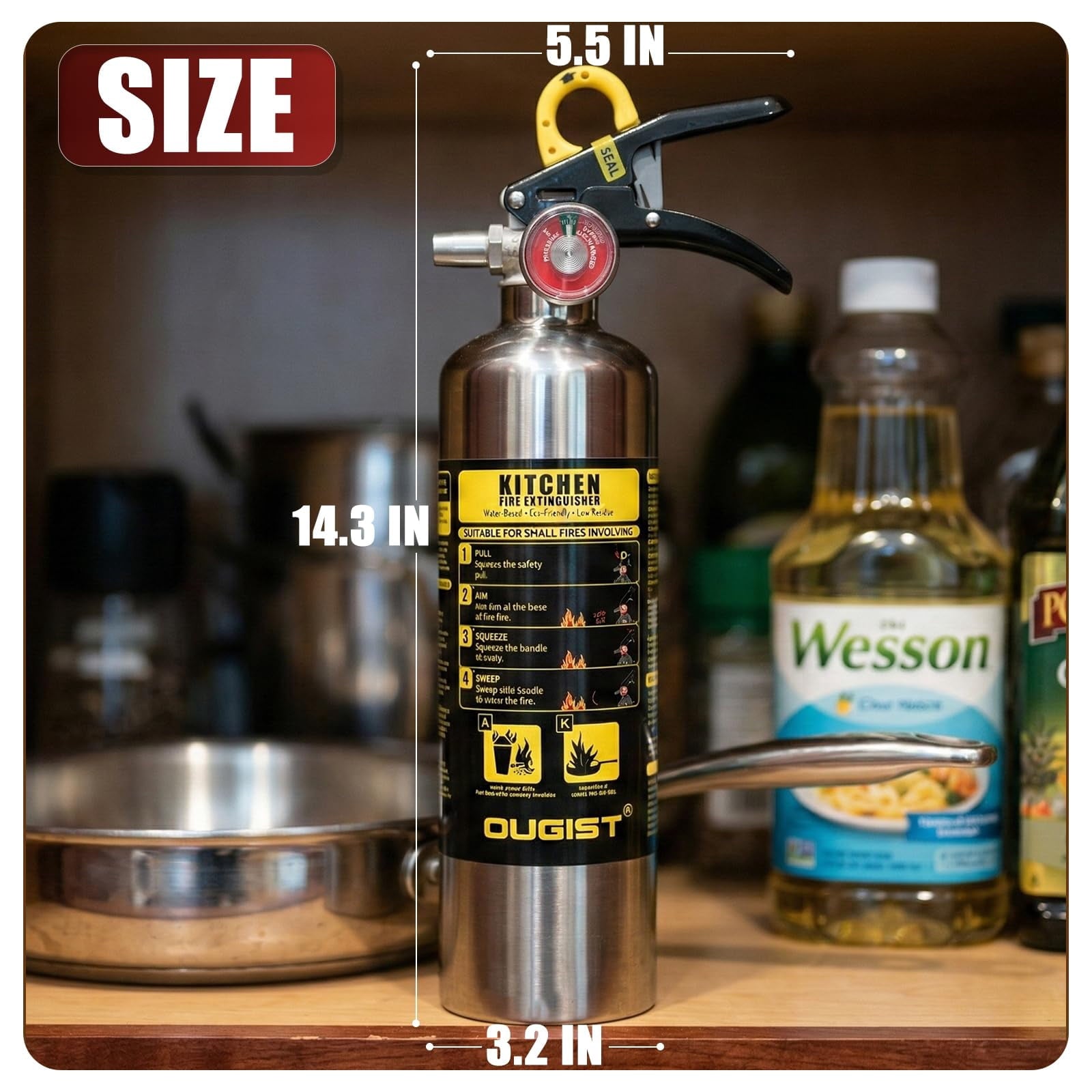 Ougist class K fire extinguisher, 40 fl oz Wet Chemical, Quick-Pull Handle, kitchen fire extinguisher for Grease Fires, built for daily peace of mind