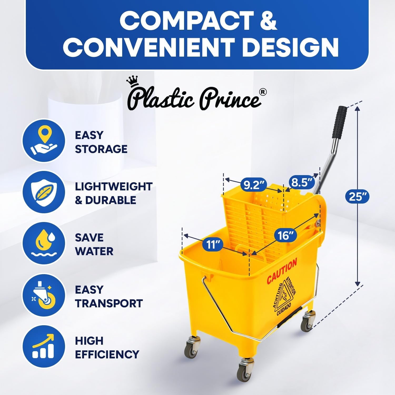 Commercial Mop Bucket with Wringer on Wheels, Heavy Duty Dual Chamber Industrial Mop Bucket Separate Dirty Water, Perfect for Business Household, Small 20 Quart Yellow
