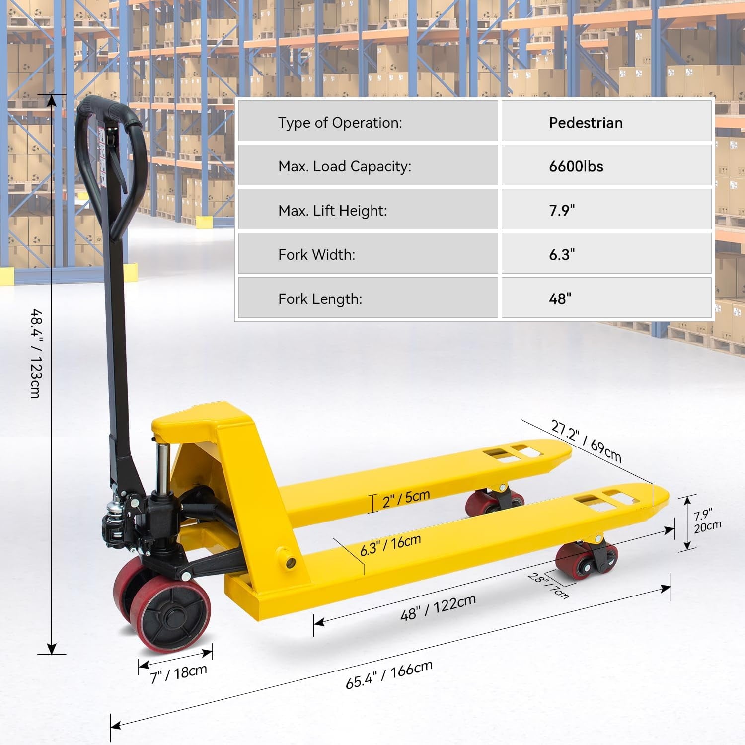 HPDMC Pallet Jack Truck 6,600 LBS Capacity, 48'' L x 27'' W Forks Manual Pallet Jack Truck, 6Pcs