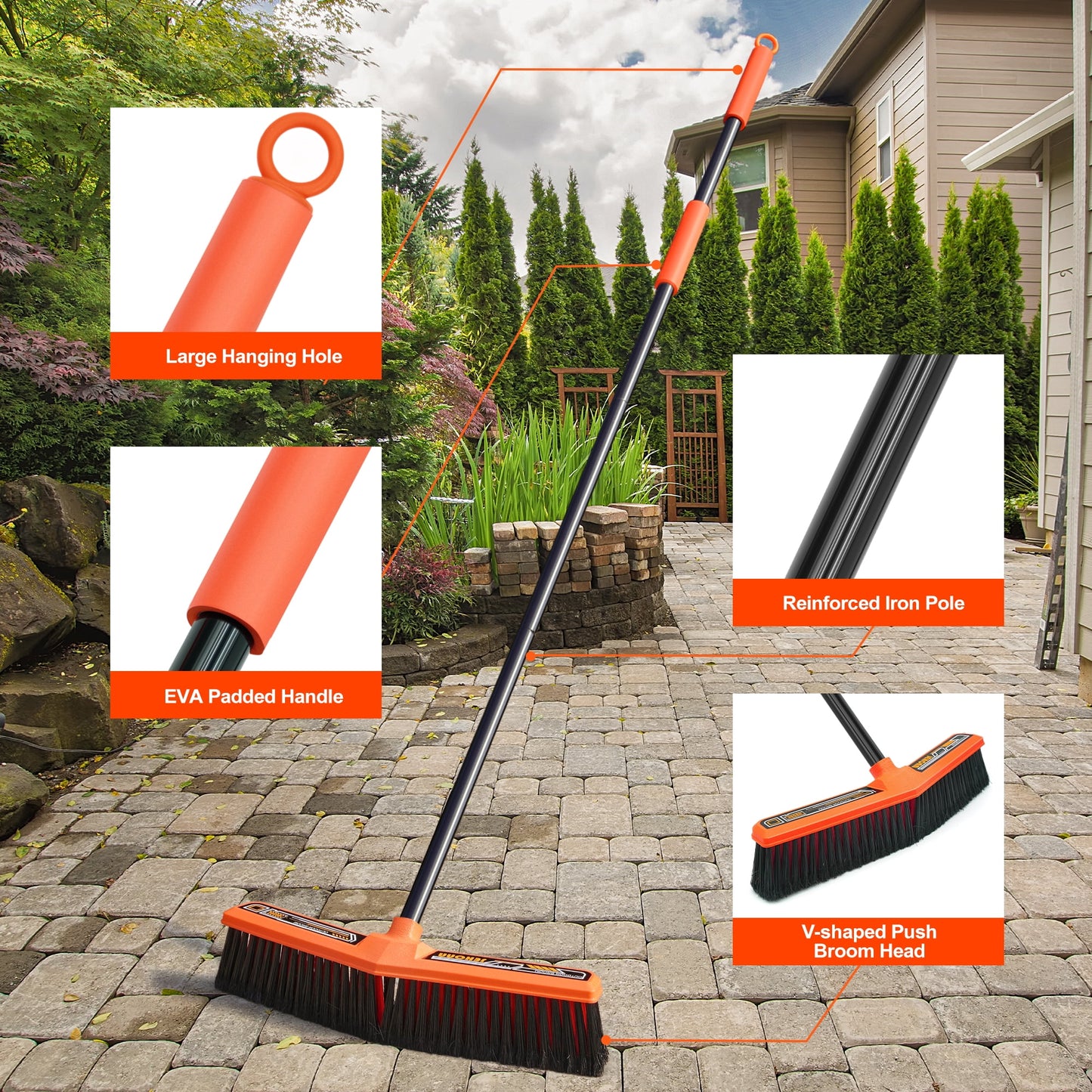 JEHONN 15.7" Wide Push Broom Outdoor Heavy Duty (Orange)