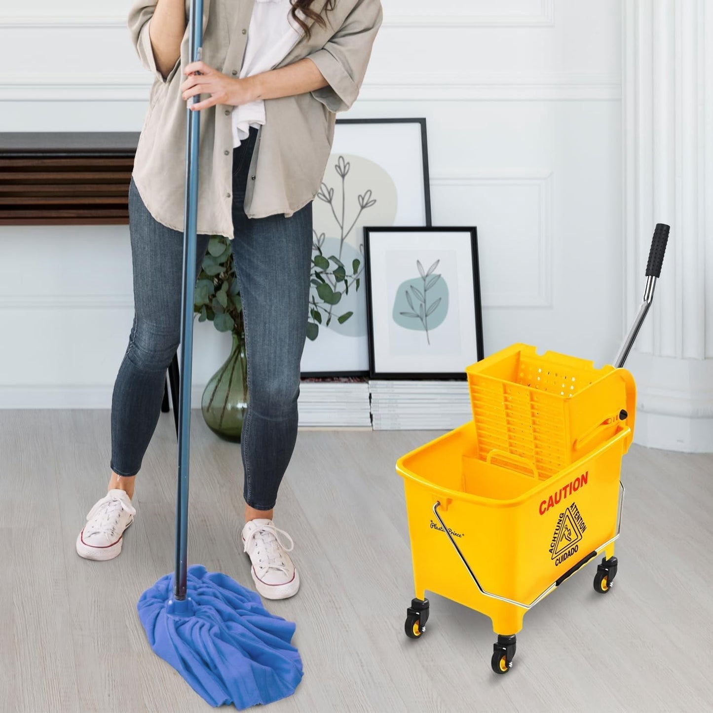 Commercial Mop Bucket with Wringer on Wheels, Heavy Duty Dual Chamber Industrial Mop Bucket Separate Dirty Water, Perfect for Business Household, Small 20 Quart Yellow