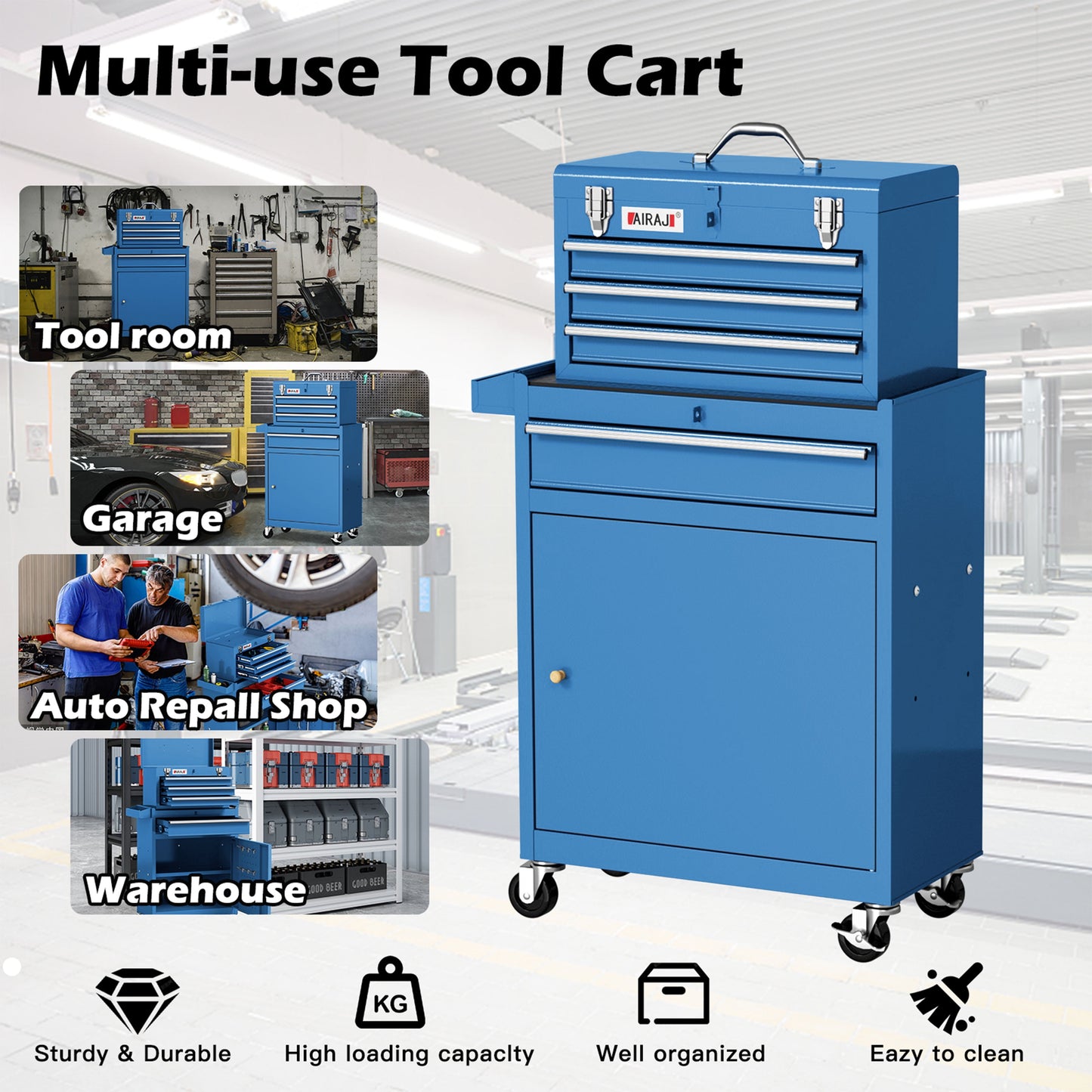 AIRAJ Blue 40" 3-Drawer Rolling Tool Chest | Single Door Metal Workshop Tool Cabinet on Wheels