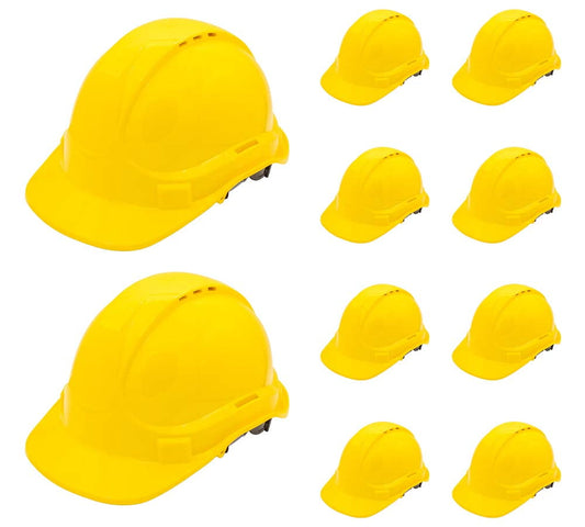 10 Pack Yellow Hard Hat for Men – Adjustable Type 1 ABS Plastic Safety Helmet, Lightweight Head Protection for Construction, Electrical, and Industrial Work