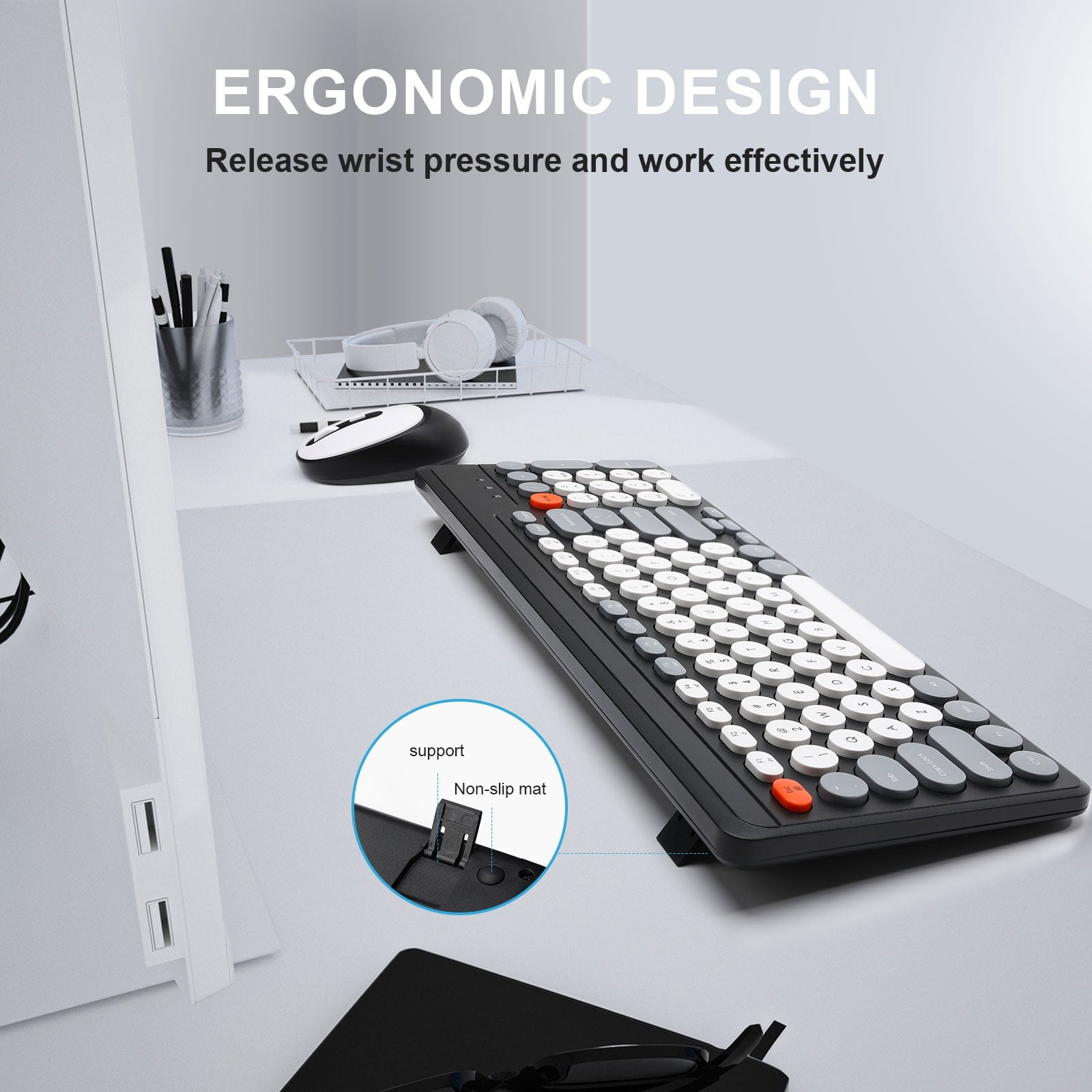 HUO JI Wireless Keyboard and Mouse Combos,USB 2.4GHz Receiver Plug and Play, Mixed Color Round Keycaps Retro Office Keyboards, for Windows, Mac, PC, Laptop, Desktop.(Black Grey)