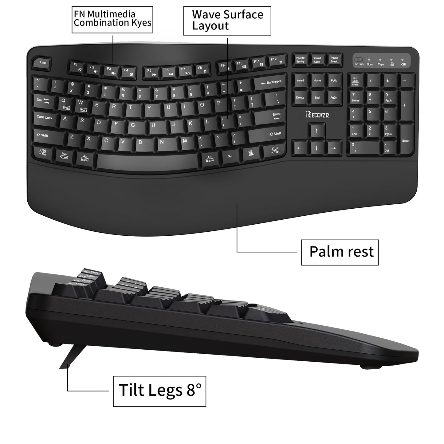 RECCAZR Advanced Combo Wireless Keyboard and Mouse, Wave Keys Ergonomic Keyboard with Wrist Rest and 3-Level DPI Adjustable Wireless Ergonomic Mouse for Windows, Mac OS Desktop/Laptop/PC(Black)