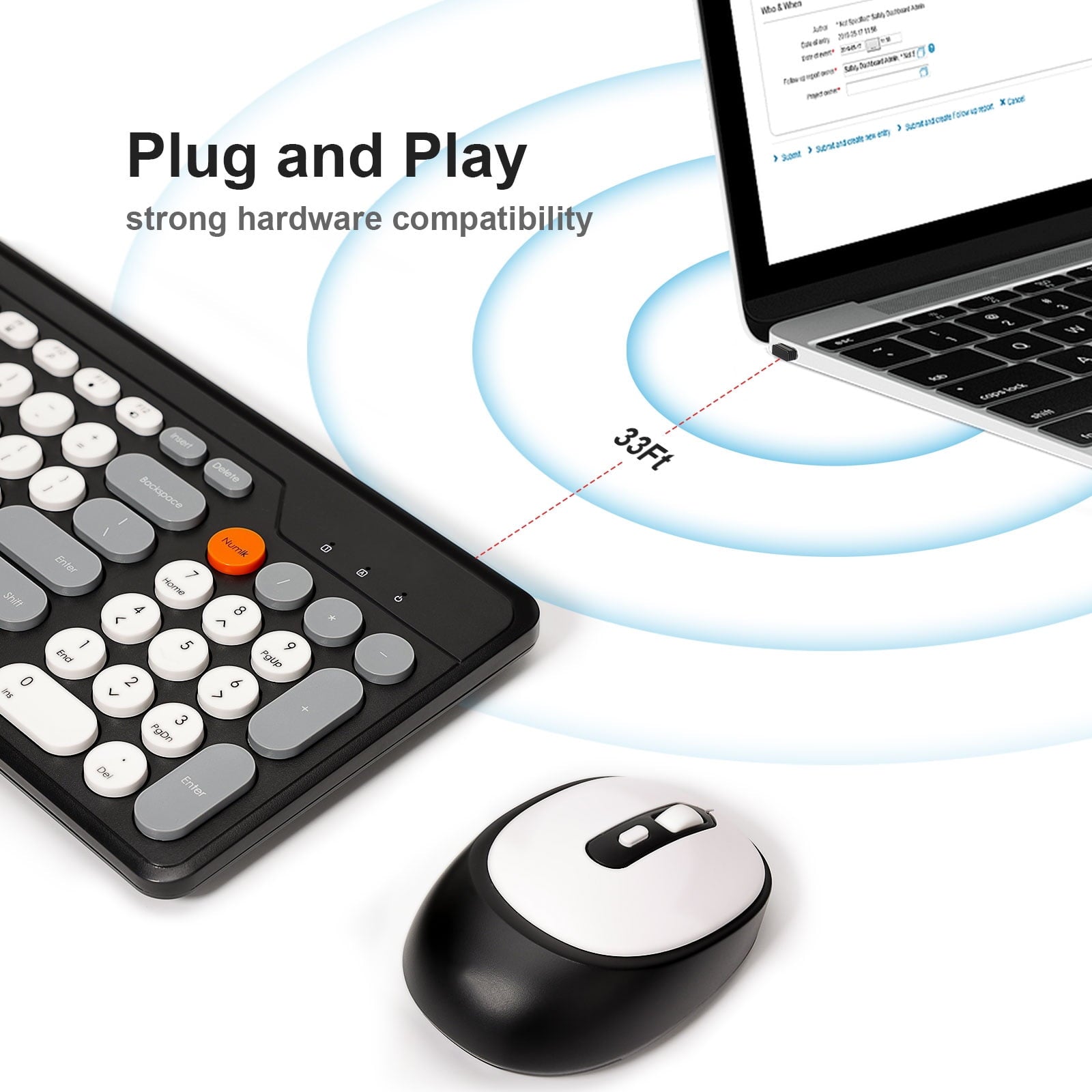 HUO JI Wireless Keyboard and Mouse Combos,USB 2.4GHz Receiver Plug and Play, Mixed Color Round Keycaps Retro Office Keyboards, for Windows, Mac, PC, Laptop, Desktop.(Black Grey)