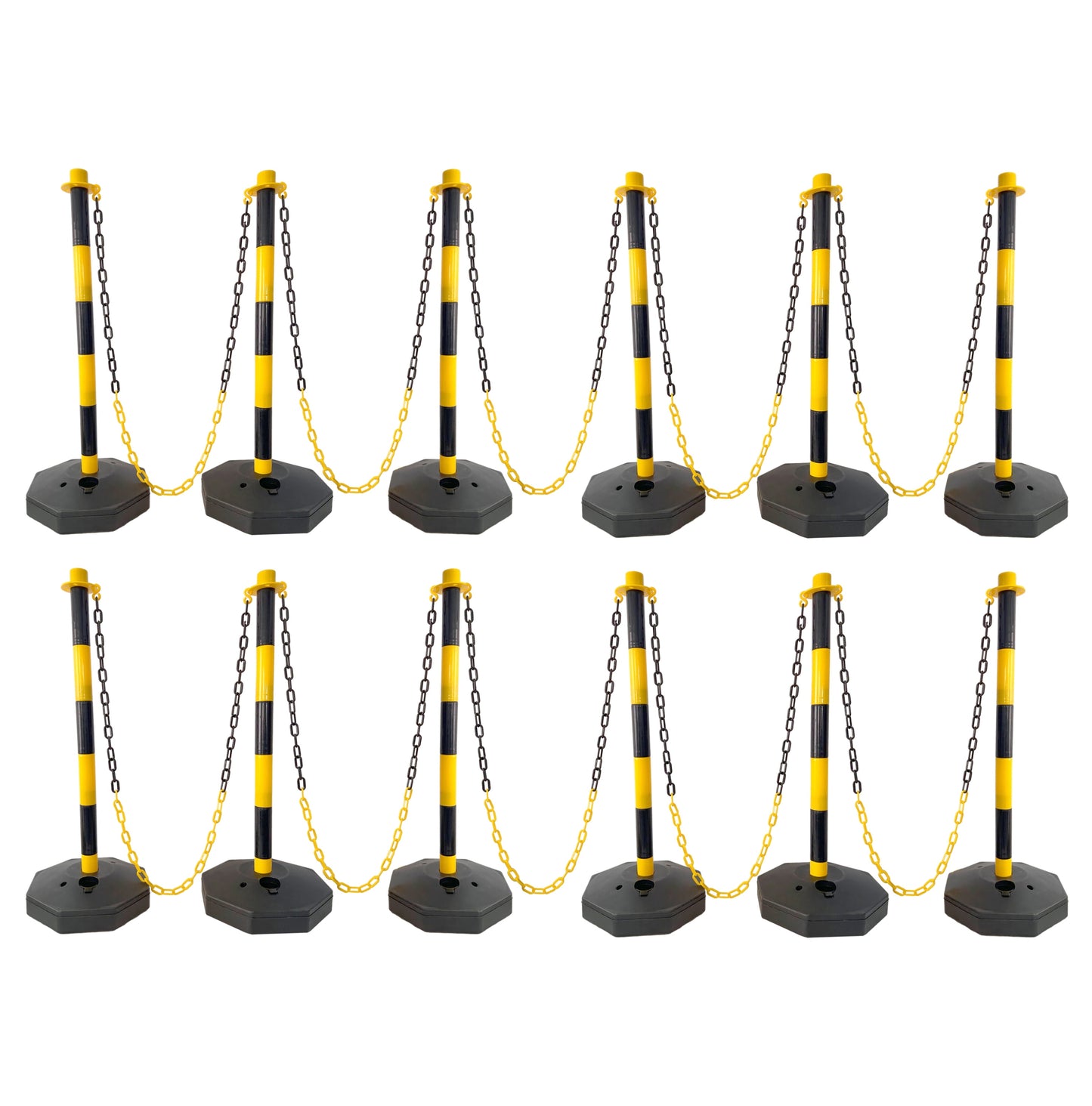 12 Pack Traffic Delineator Post Cones with Fillable Base, Adjustable Plastic Safety Barrier with 5Ft Plastic Chain, Outdoor and Indoor Crowd Control Stanchion for Traffic Control and warning Y/B