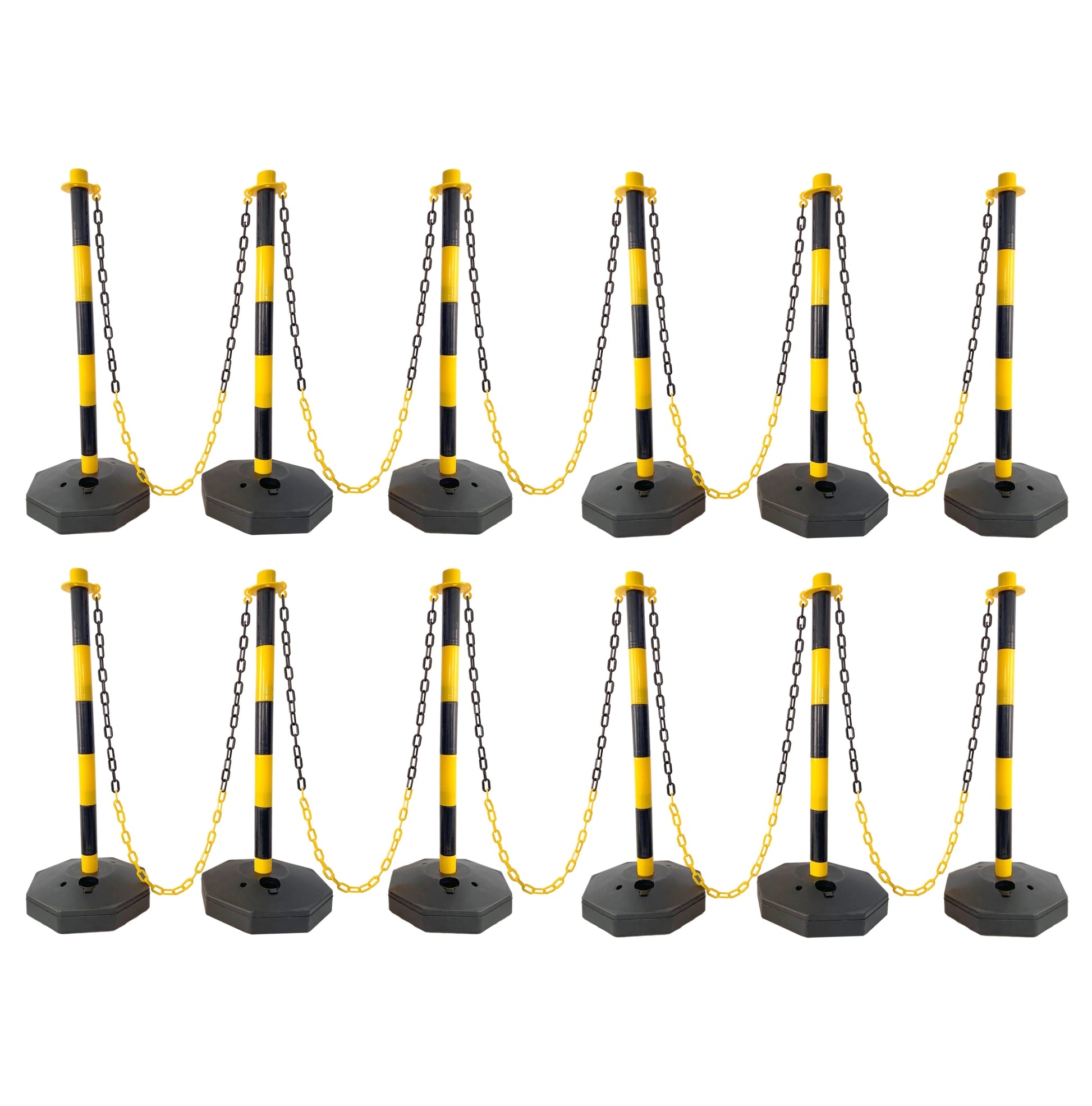 12 Pack Traffic Delineator Post Cones with Fillable Base, Adjustable Plastic Safety Barrier with 5Ft Plastic Chain, Outdoor and Indoor Crowd Control Stanchion for Traffic Control and warning Y/B