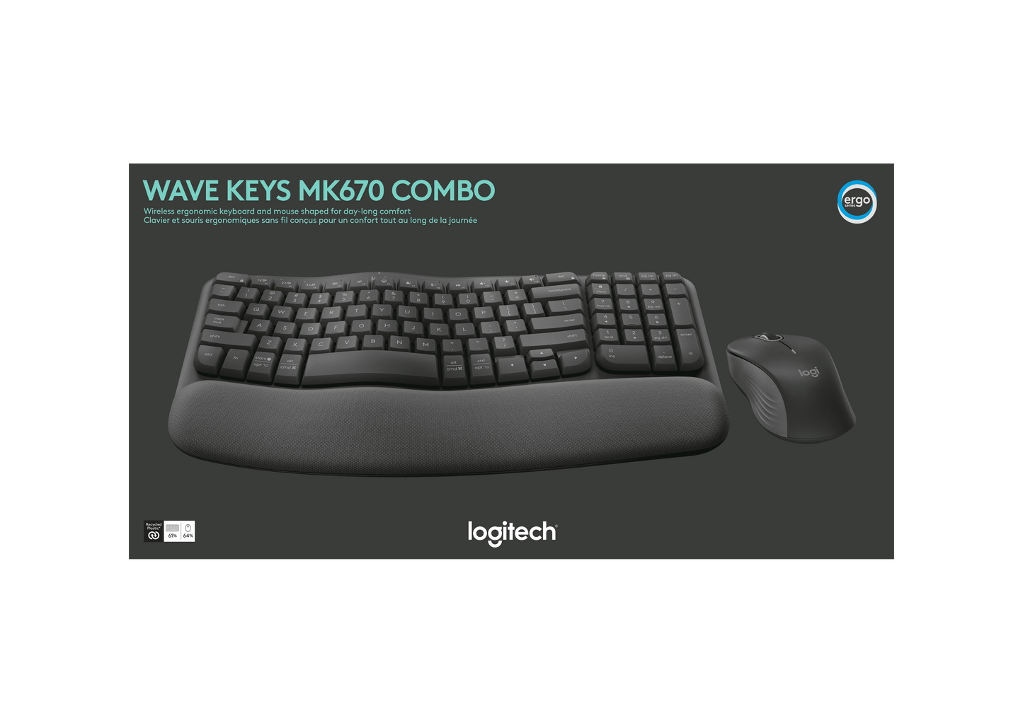Logitech Wave Keys Combo, Wireless Ergonomic Keyboard with Signature M550 L Wireless Mouse, Graphite