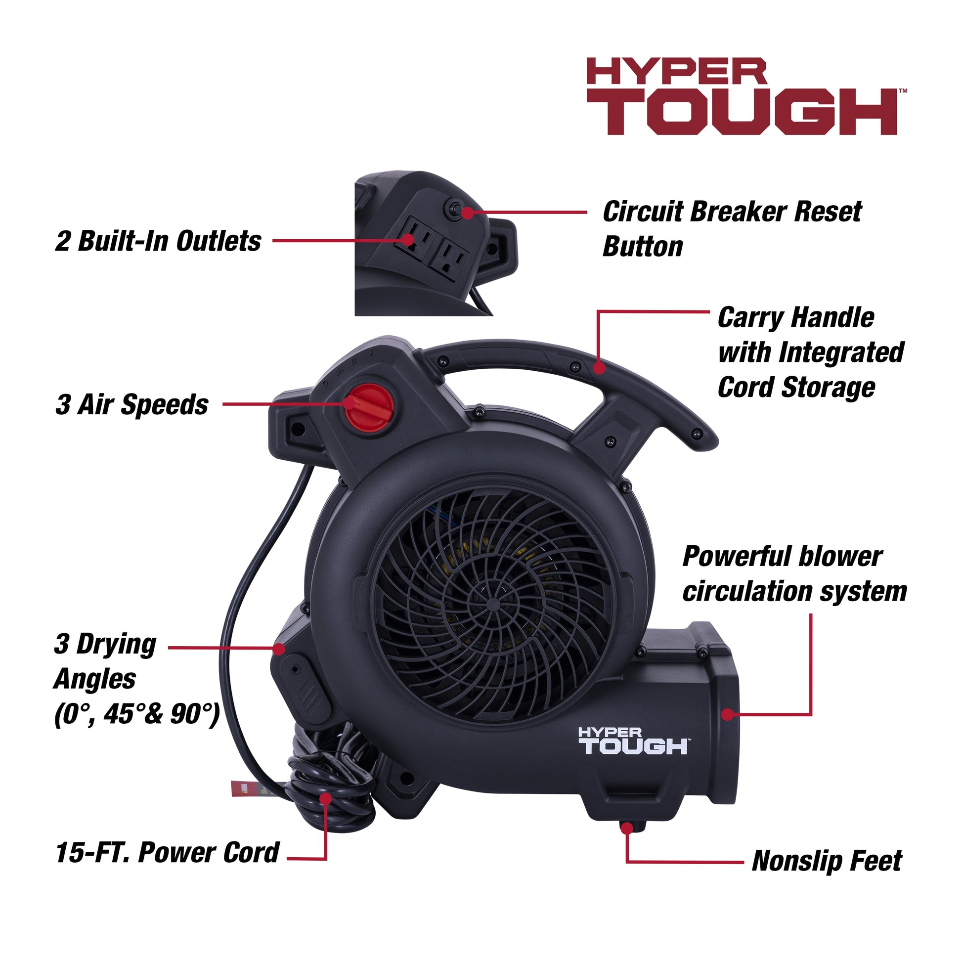 Hyper Tough 1/3 HP 1200 CFM Air Mover Blower Fan for Home Use, Workshop, and Industrial Use - 3 Speeds, 3 Adjustable Angles, and a Daisy Chain