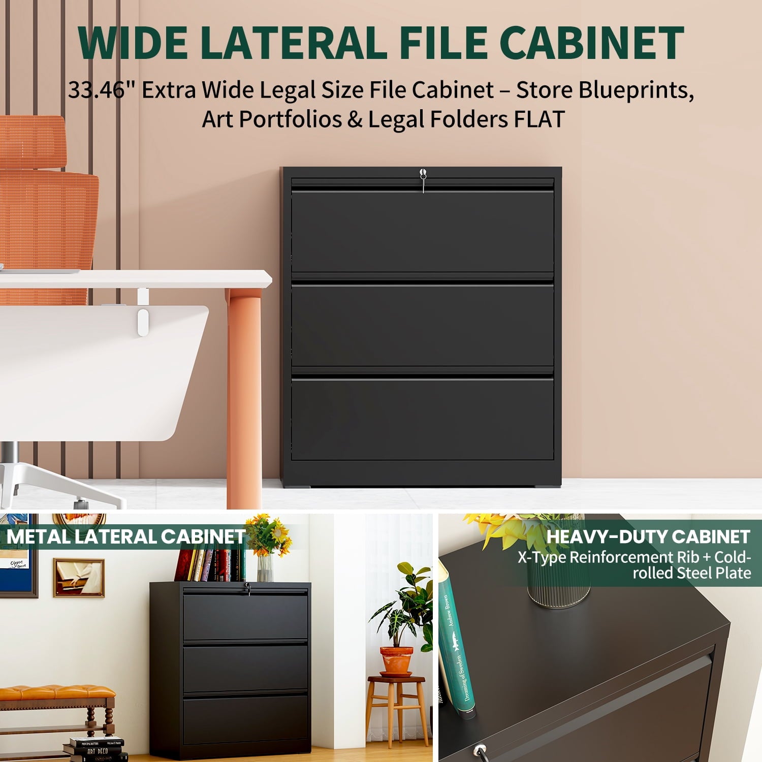 IKIMI 3-Drawer Lateral File Cabinet with Lock, 35.4" Wide Metal Filing Cabinet for Letter/Legal/A4 Files, Black