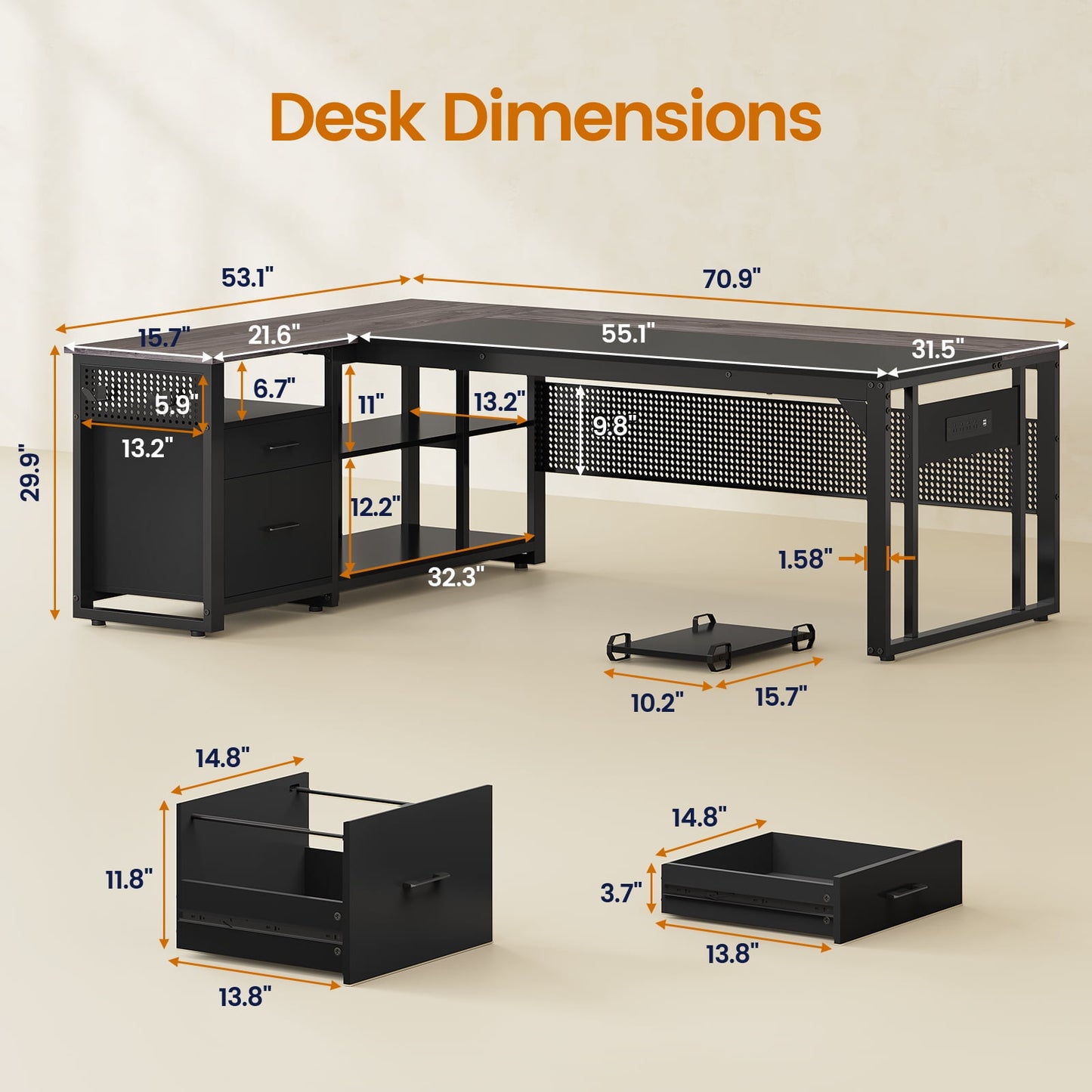 71" Executive Desk with Power Outlets, Modern L Shaped Office Desk with File Drawers and Pegboard, Large Computer Desk, Gray