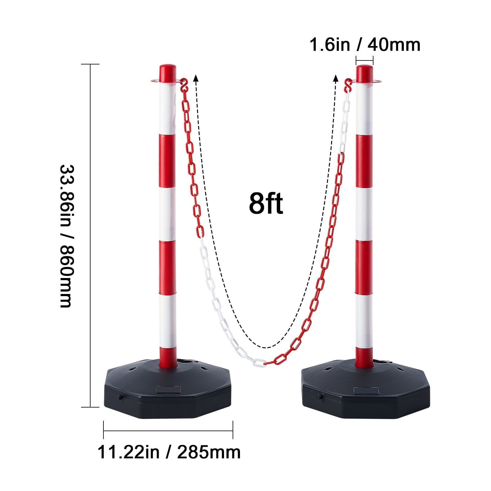 KFFKFF Movable Traffic Guide Post Cones, Set of 4, Safety Traffic Barrier with Loadable Base and 8FT Chain, Suitable for Traffic Regulation, Parking Area, Construction Warning, Roadway Caution