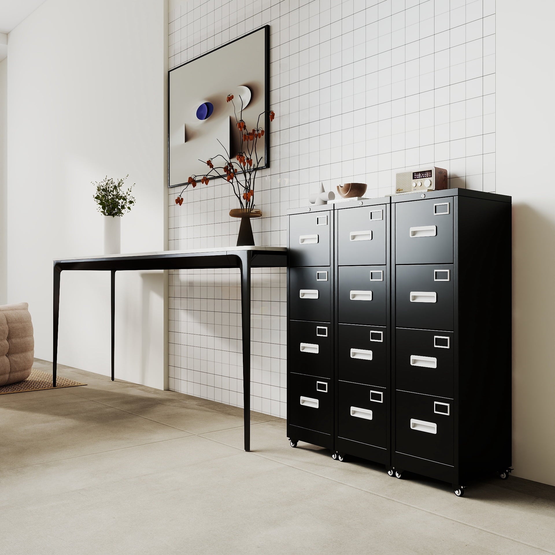 SUPEER 56"H 4 Drawer File Cabinets with Wheels, Metal Vertical File Storage Cabinet for Office Home, A4 Letter /Legal Size, , Assembly Required (Black）