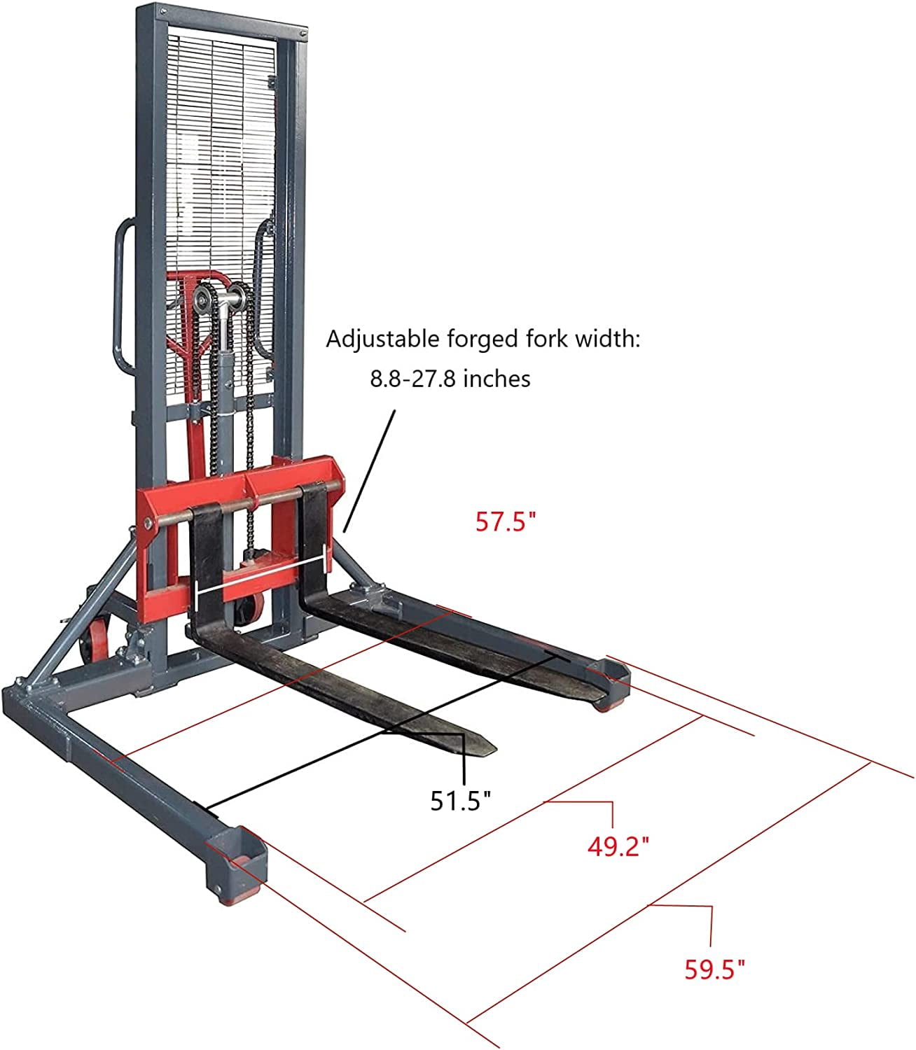 Pake Handling Tools Long Fork Manual Pallet Stacker Hand/Foot Pump Lift Truck Hydraulic Lift with Adjustable Fork and Straddle Legs, 2200 lbs Capacity, Lift Height 63", Fork 45.27" L, Leg 49.2" W