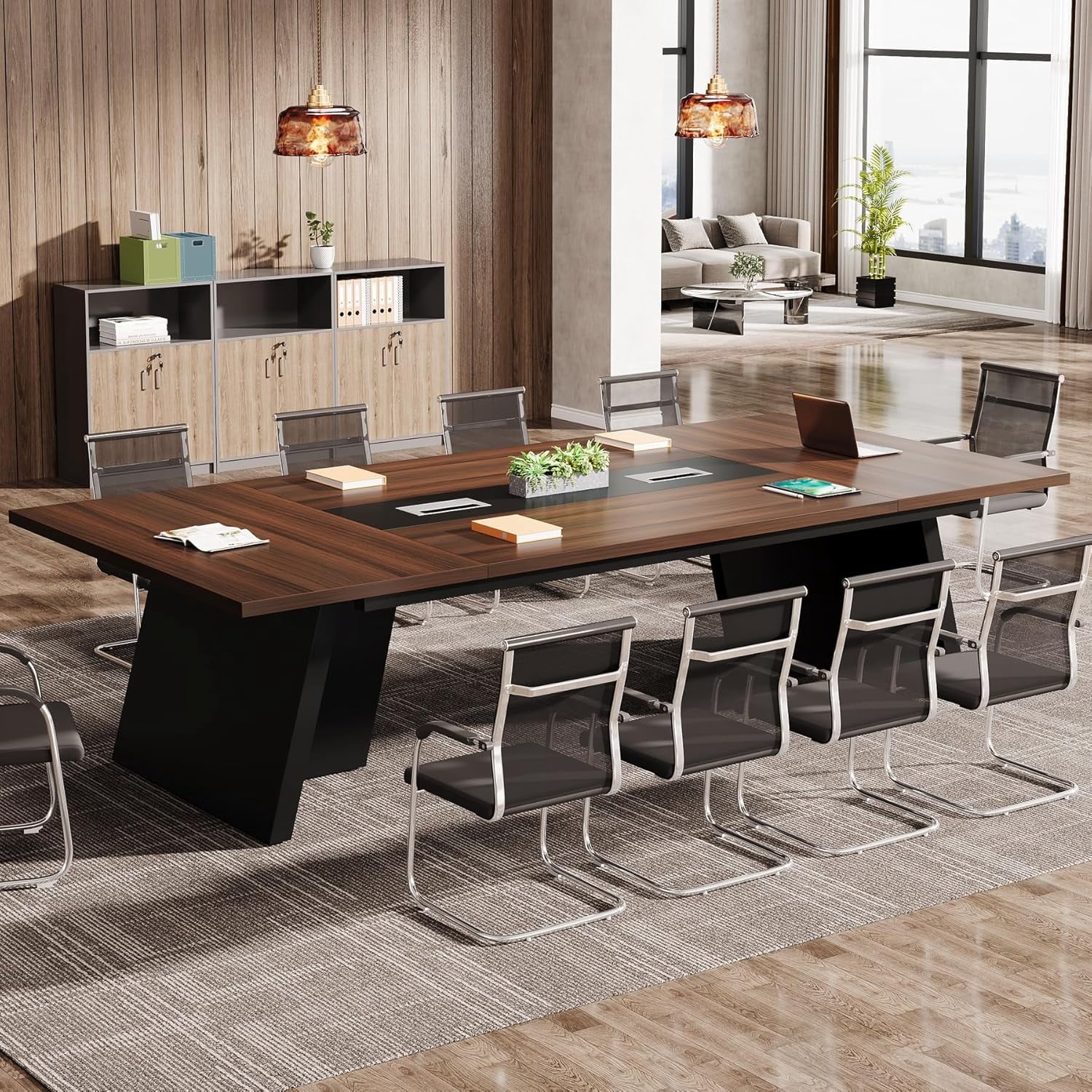 Tribesigns 8ft Conference Room Table, Modern Meeting Desk with Cable Management, Large Conference Table Business Seminar Furniture for Boardroom, Walnut and Black, 1PC