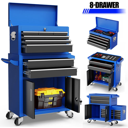 2-IN-1 Rolling Tool Chest Storage Box, Upgrade Steel Tool Box Hidden Desing, Detachable Tool Storage On Wheels W/Sliding Drawers for Workshop Garage Studio, Blue