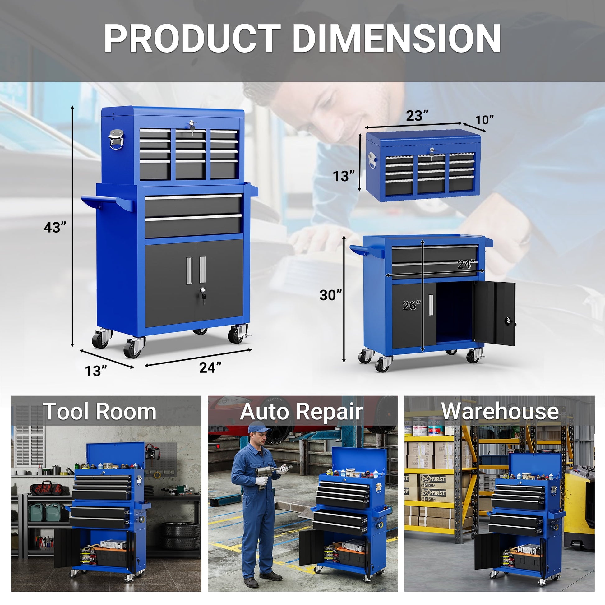 2-IN-1 Rolling Tool Chest Storage Box, Upgrade Steel Tool Box Hidden Desing, Detachable Tool Storage On Wheels W/Sliding Drawers for Workshop Garage Studio, Blue