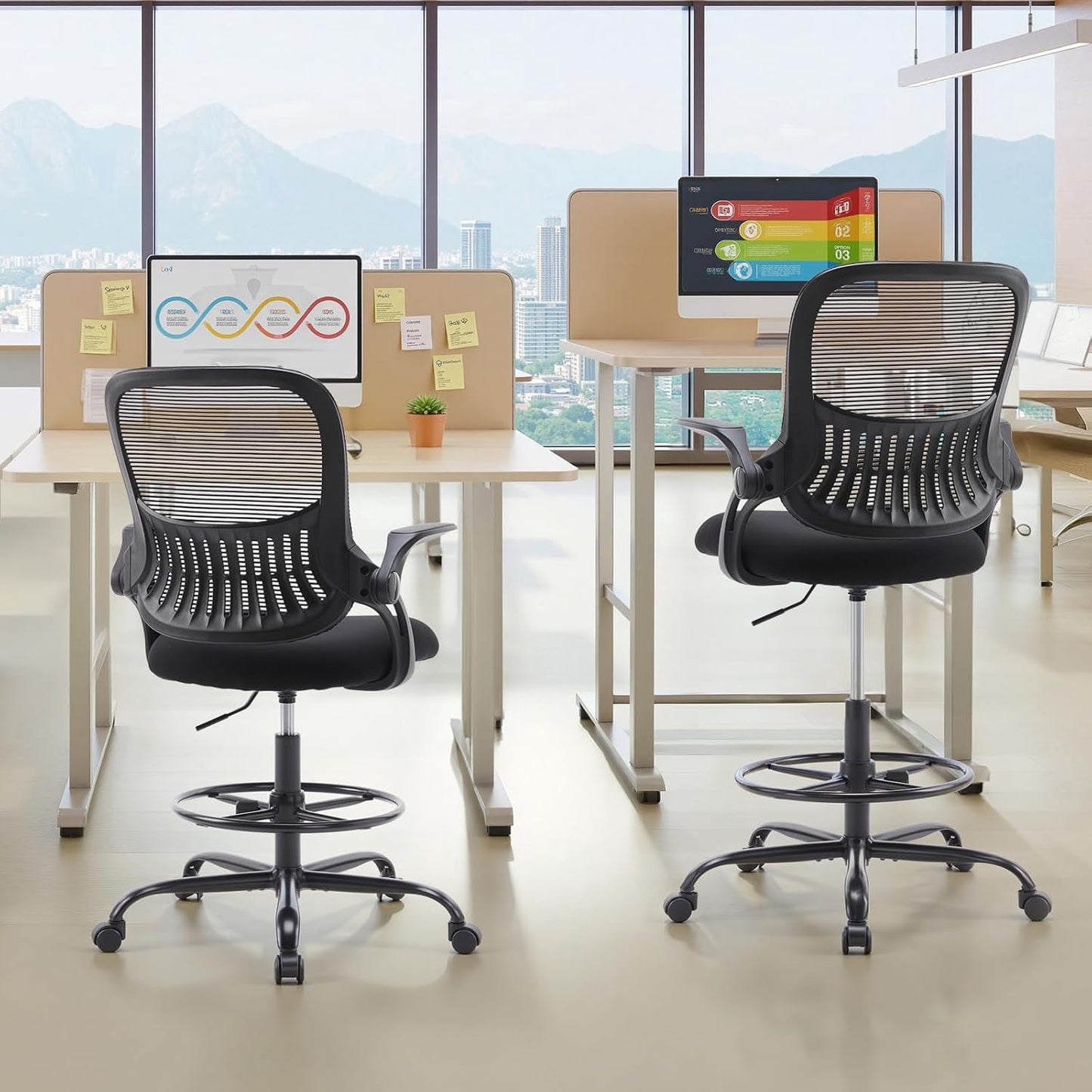 Nextay Tall Drafting Chair - Ergonomic Office Stool with Flip-Up Arms, Footrest & Lumbar Support