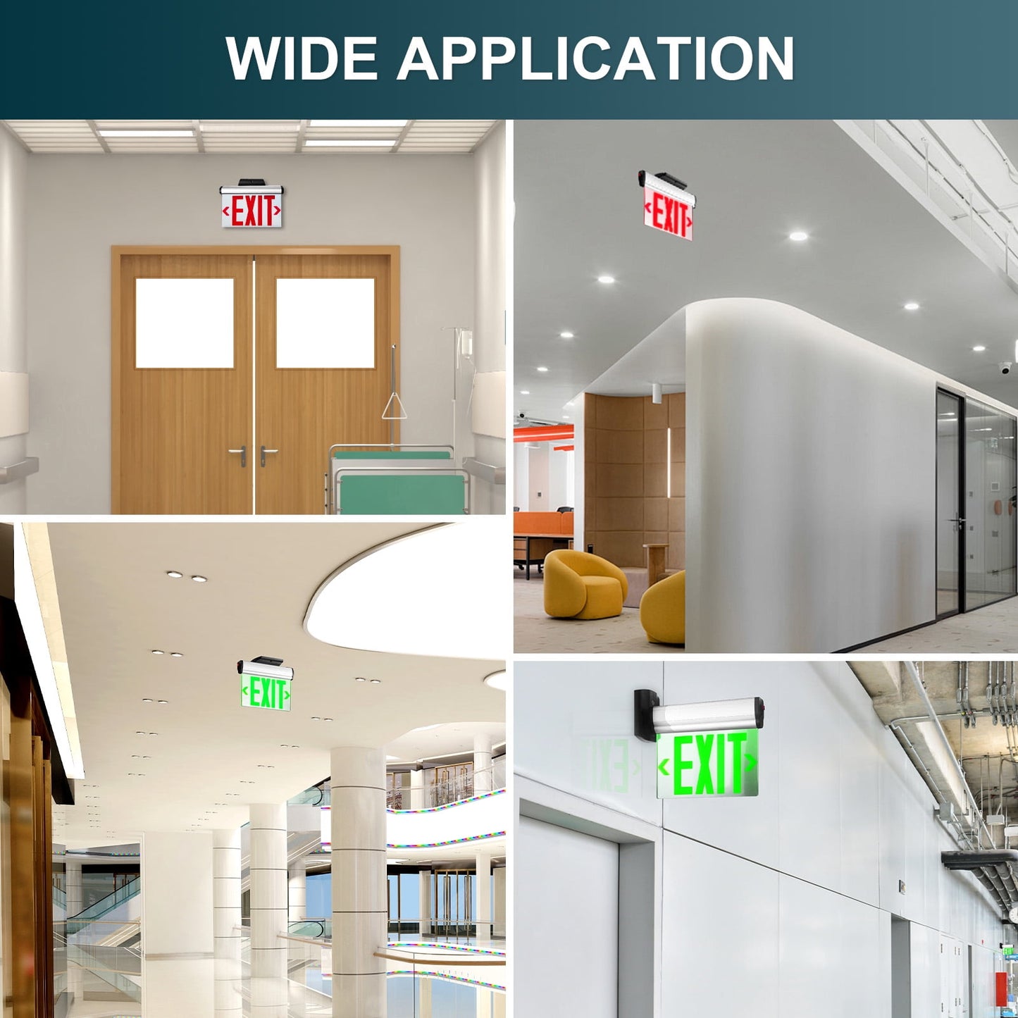 MW Lighting Green Hardwired LED Fire Exit Sign, Double Sided Aluminum & Acrylic Panel, UL Damp Rated, Top/Side/Wall Mount Canopy, Indoor Outdoor Commercial Dead End Entry Light