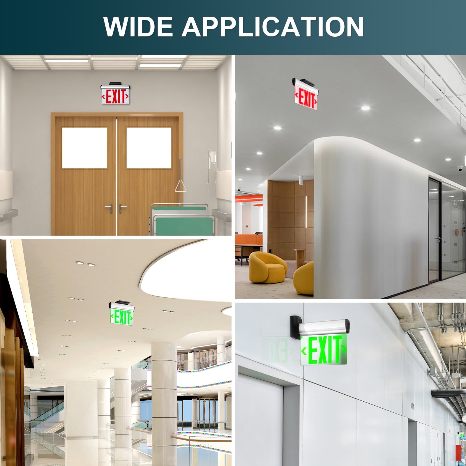 MW Lighting Green Hardwired LED Fire Exit Sign, Double Sided Aluminum & Acrylic Panel, UL Damp Rated, Top/Side/Wall Mount Canopy, Indoor Outdoor Commercial Dead End Entry Light