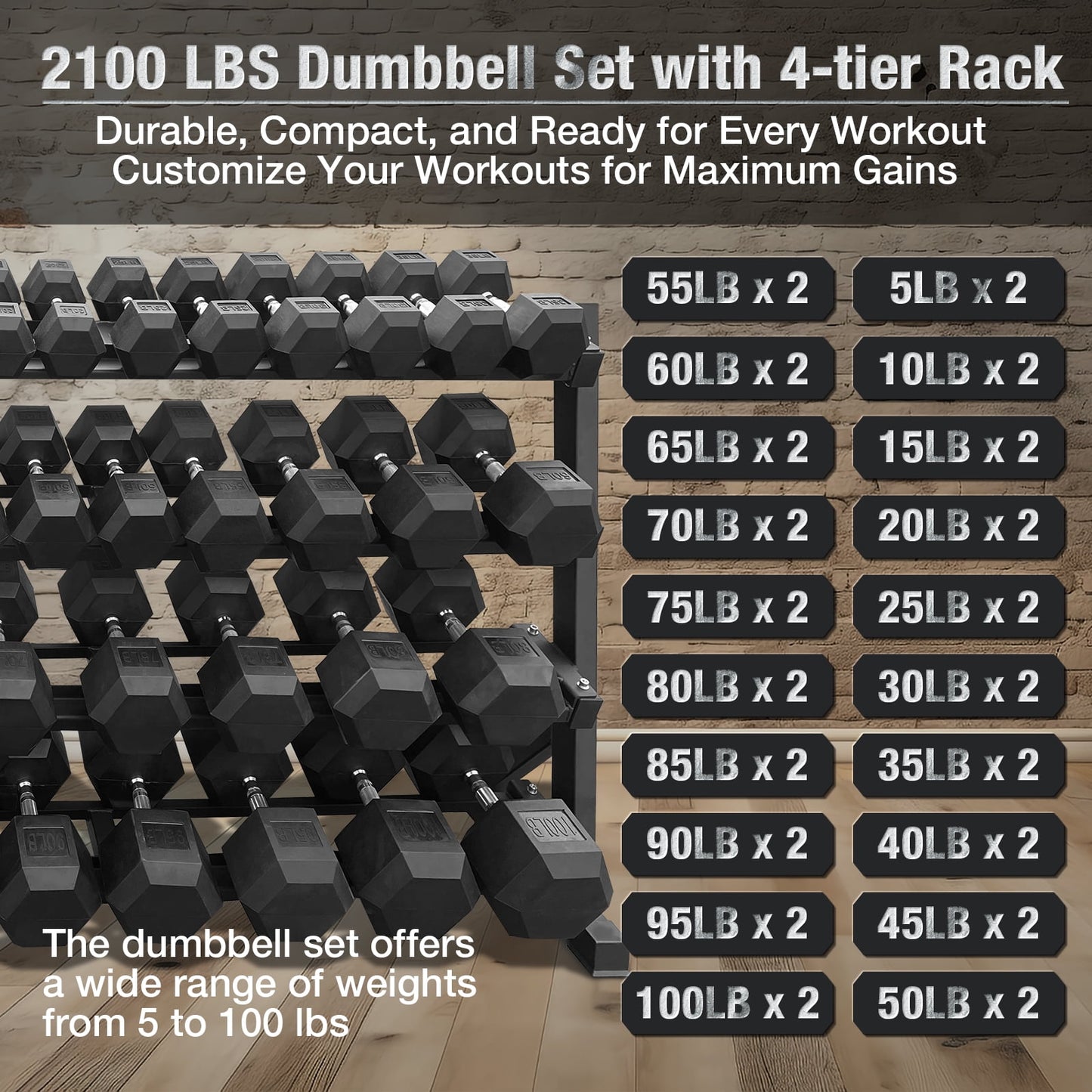 5–100 lbs Dumbbells Weight Set (20 Pairs) with Weight Storage Rack, 2100 lbs Hex Dumbbell Sets, Gyms Weights Dumbbells Sets with Rack, Weight Set for Home Gym, Strength Training
