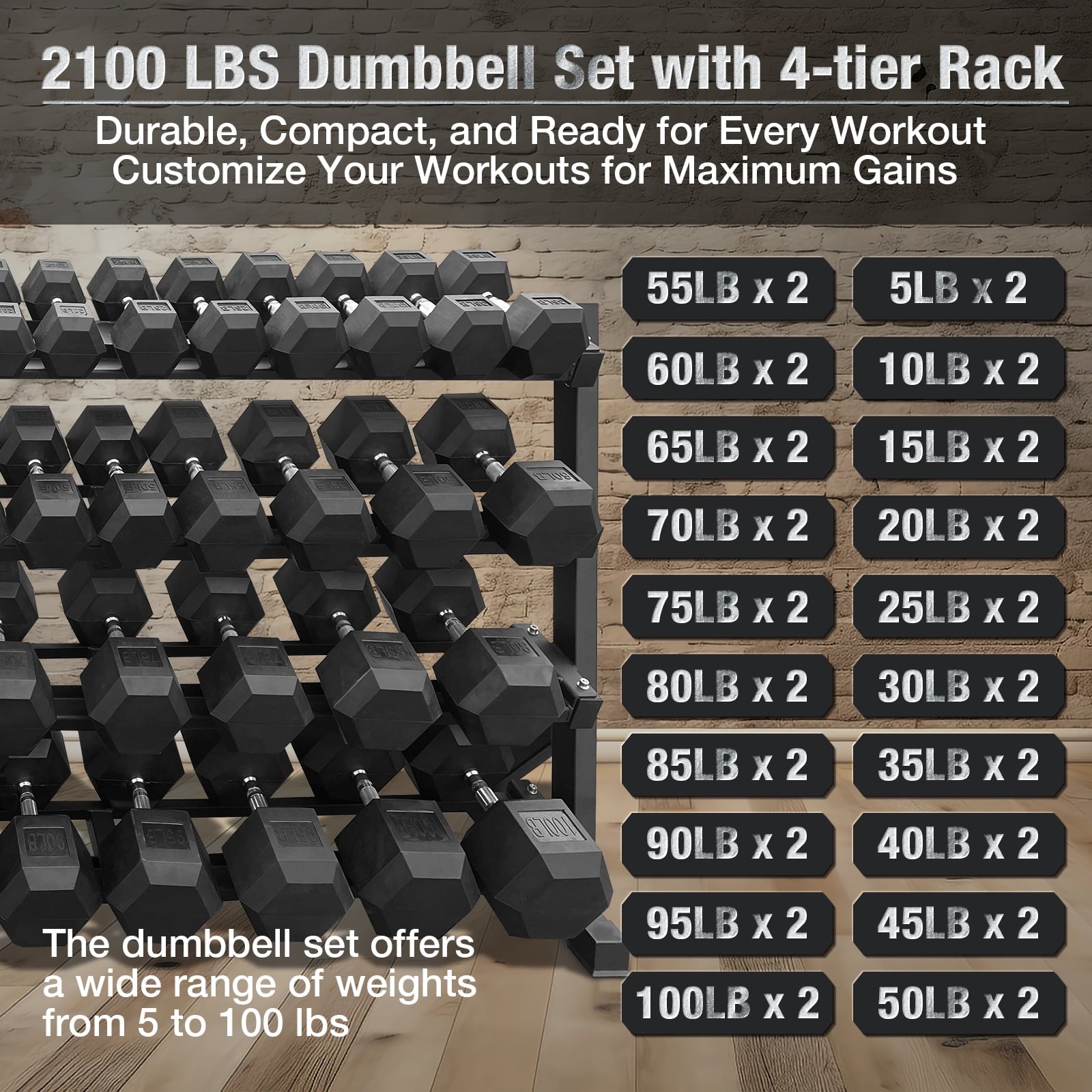 5–100 lbs Dumbbells Weight Set (20 Pairs) with Weight Storage Rack, 2100 lbs Hex Dumbbell Sets, Gyms Weights Dumbbells Sets with Rack, Weight Set for Home Gym, Strength Training