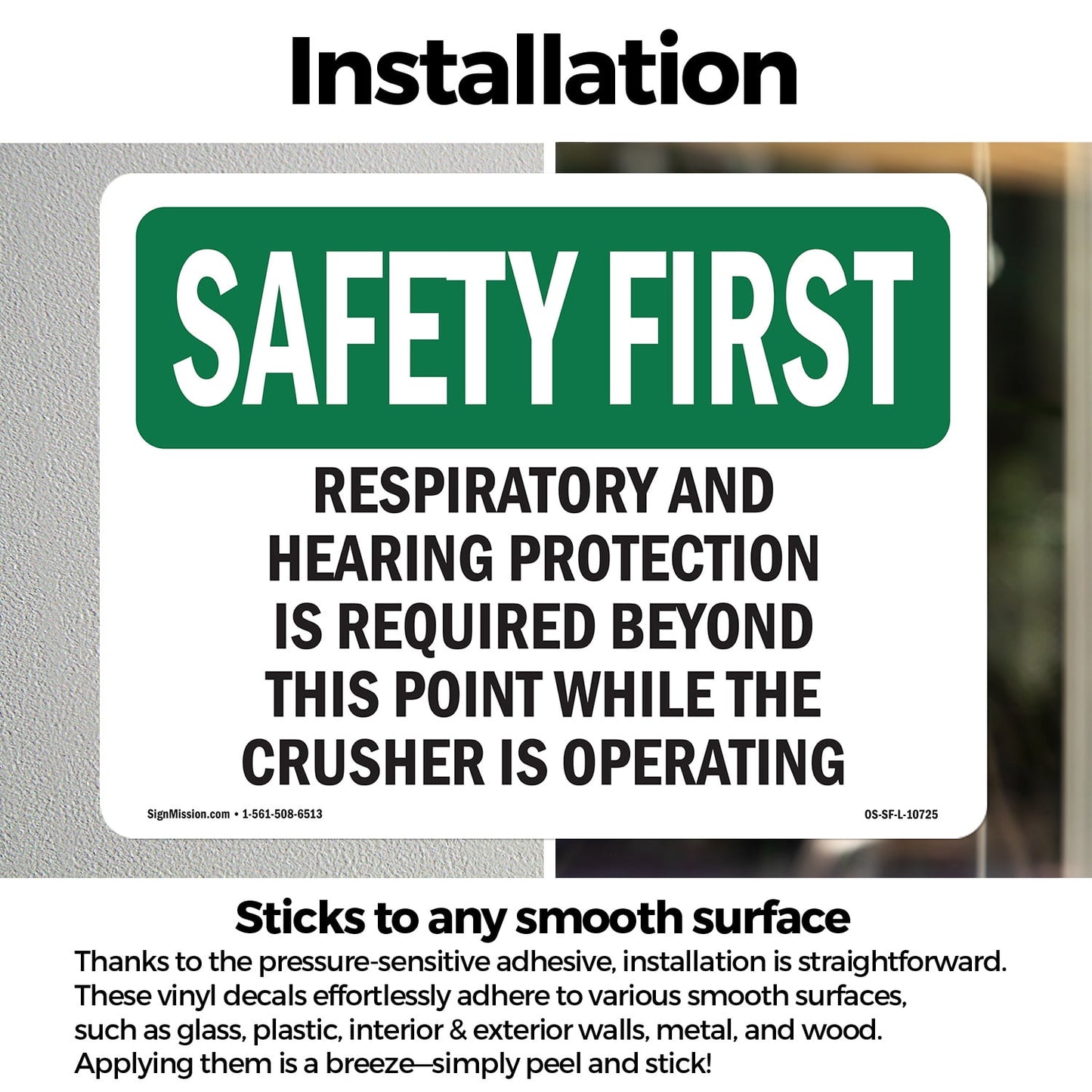 Respiratory And Hearing Protection Is Required OSHA SAFETY FIRST Vinyl Decal Label 18 Inch x 12 Inch - 5 Pack