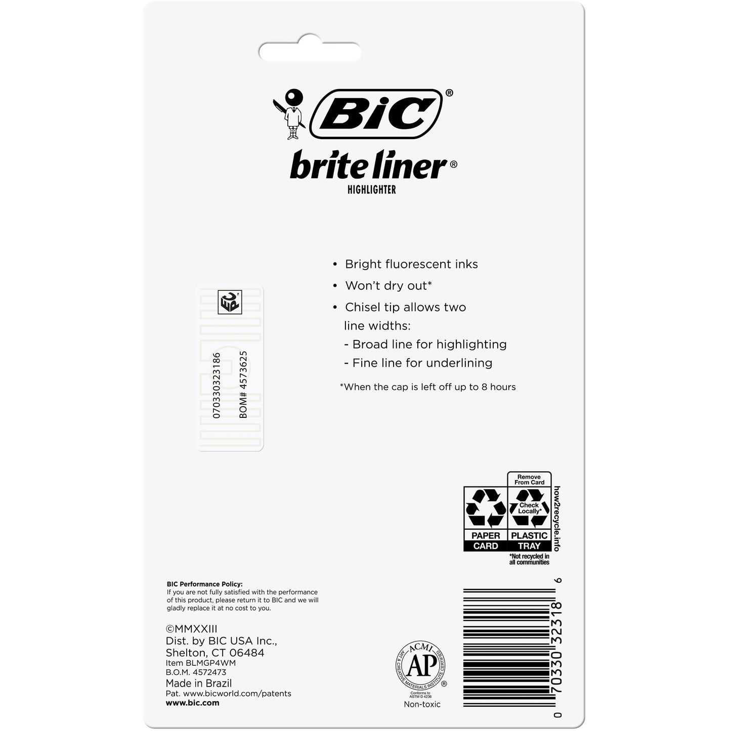 BIC Brite Liner XL Highlighter, Chisel Point, Back to School, Assorted Colors, 4-Count