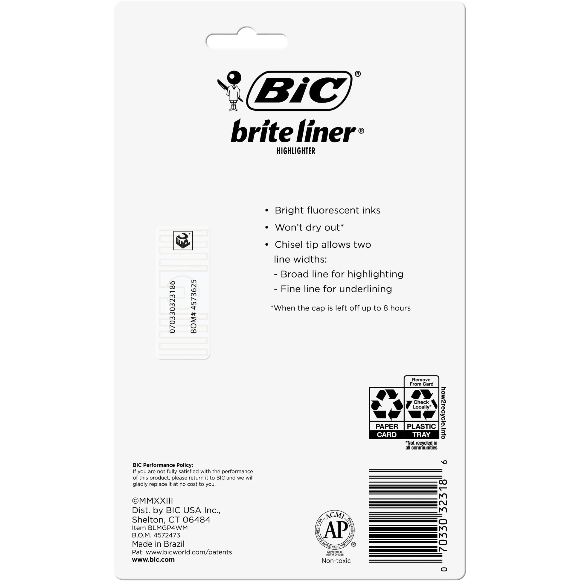 BIC Brite Liner XL Highlighter, Chisel Point, Back to School, Assorted Colors, 4-Count