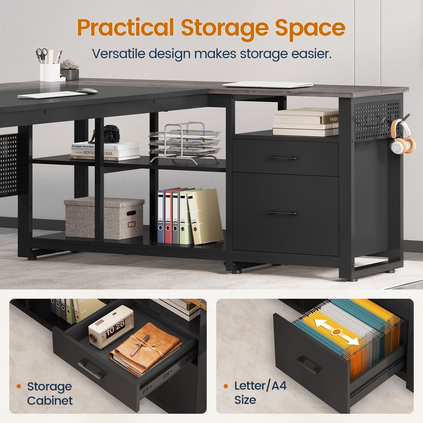 71" Executive Desk with Power Outlets, Modern L Shaped Office Desk with File Drawers and Pegboard, Large Computer Desk, Gray