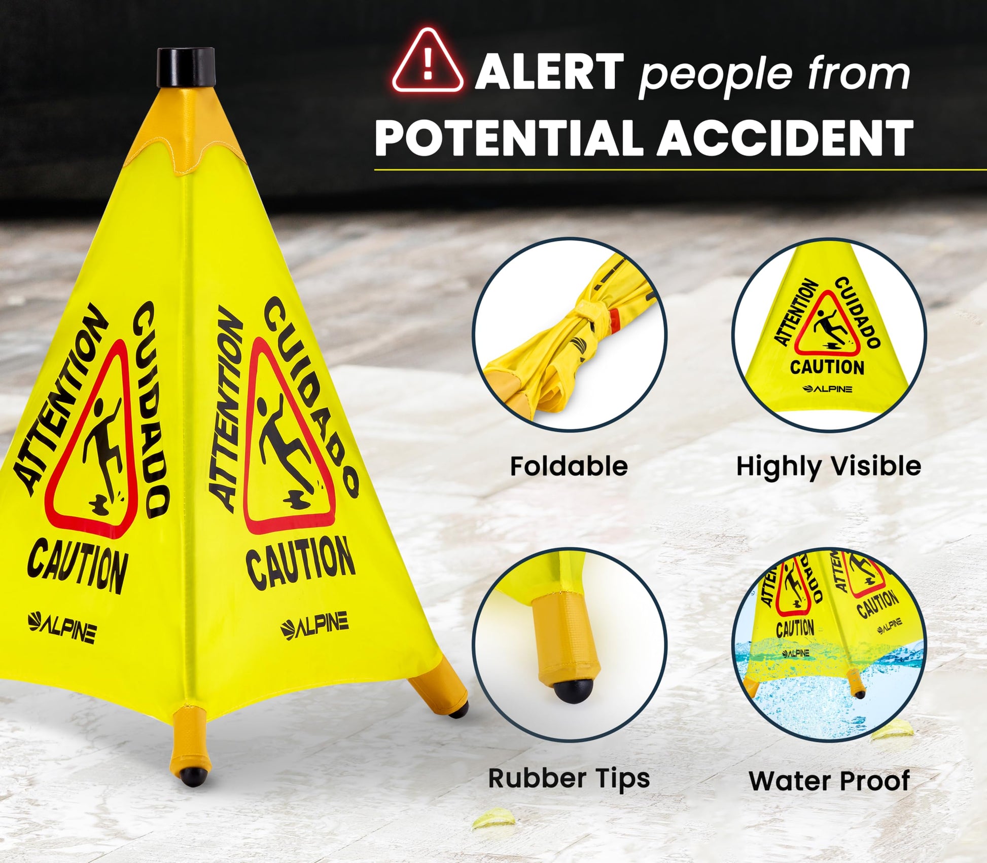 Alpine Caution Wet Floor Sign 3 Pack - Pop Up Slippery When Wet Sign, Wall Mounted Foldable Bilingual Yellow Safety Warning Cone for Commercial & Office Use (20 Inches)