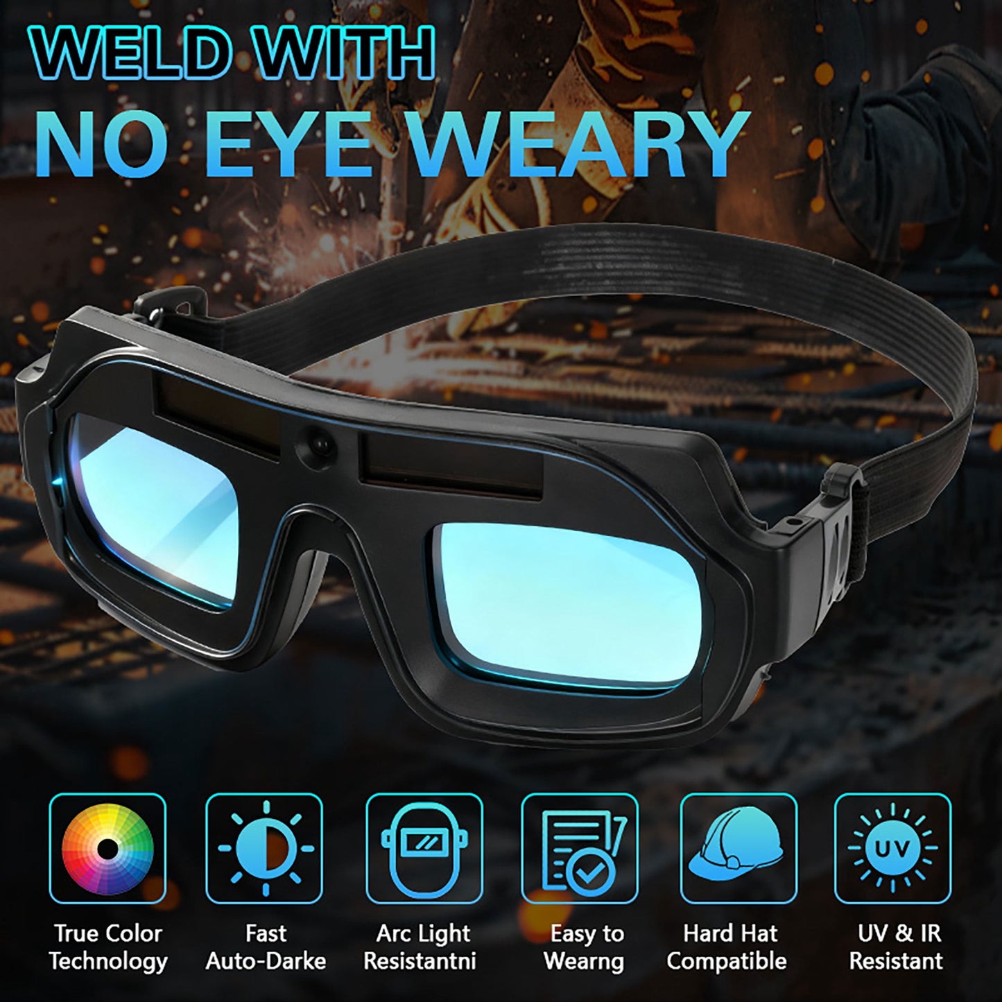 True Color Auto Darkening Welding Goggles with PC Lens, Solar Powered Welder Safety Glasses with Replacement Lenses Protective Eyewear