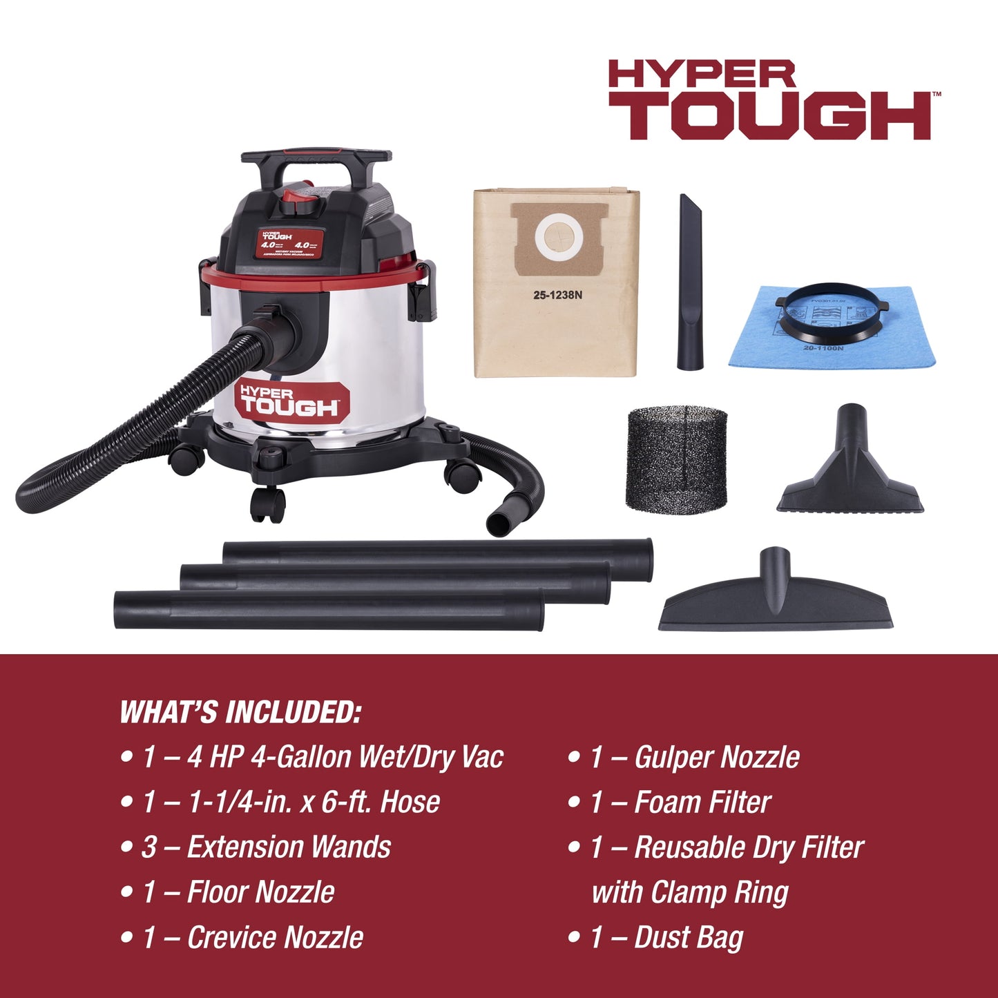Hyper Tough 4 Gallon 4 HP Stainless Steel Wet Dry Vacuum for Home, Car, Garage & Workshop