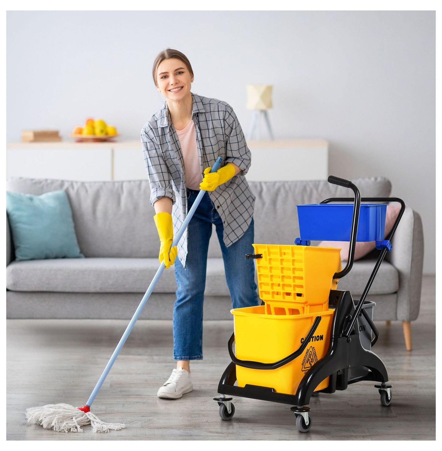 Mop Bucket with Wringer - 13.8 Gallon Commercial Mop Bucket Cart - Side Press Mop Bucket with Wheels - Heavy Duty Cleaning Bucket for Home, Office & Commercial Use